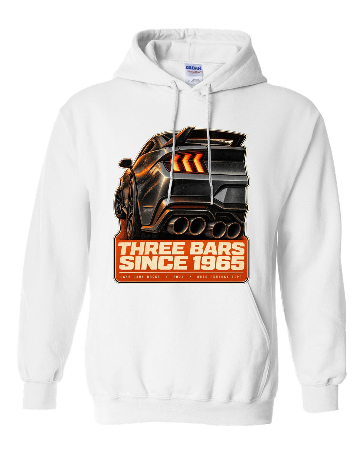Ford Mustang S650 Dark Horse taillight macro print with quad exhaust tip text white pull over hoodie front view with the design