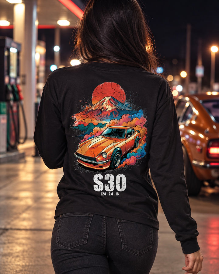 Datsun 240Z Sunrise Long Sleeve T-Shirt worn hero