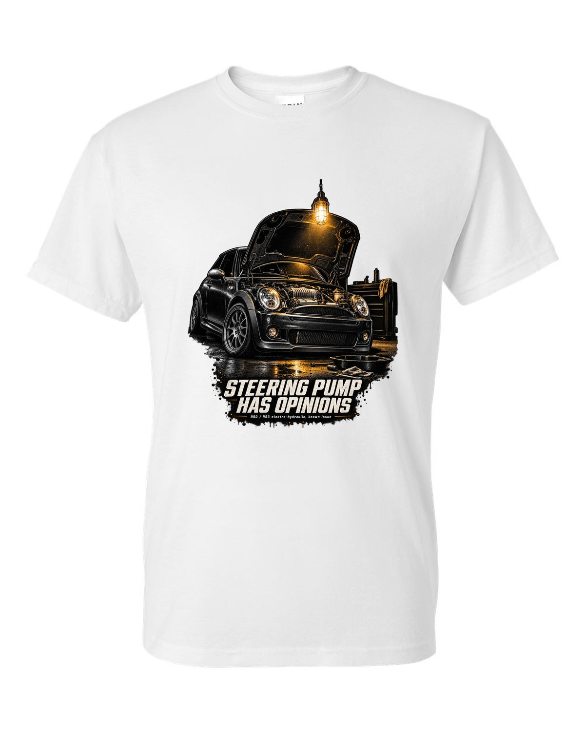 Mini Cooper S R53 garage night print with bonnet open and steering pump text white t-shirt front view with the design