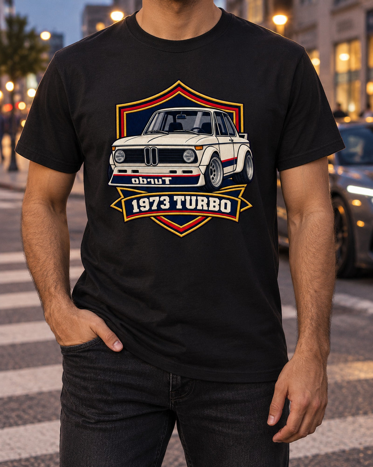 BMW 2002 Turbo Mirror Crest Shirt, Mirrored Lettering T-Shirt Black worn hero