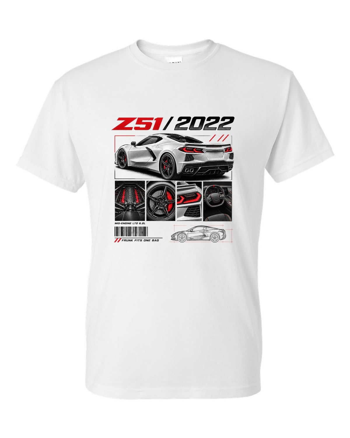 Corvette C8 Stingray Z51 2022 in dossier panels white t-shirt front view with the design