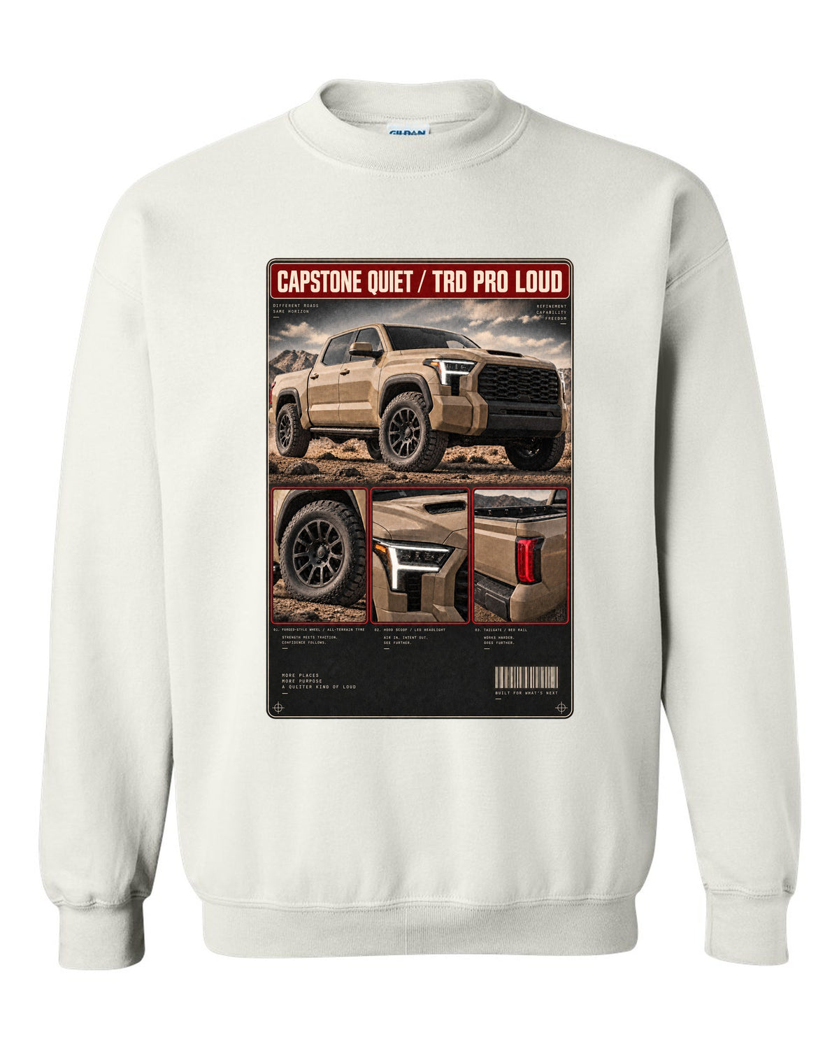 Toyota Tundra TRD Pro CrewMax dossier panel design white crewneck front view with the design