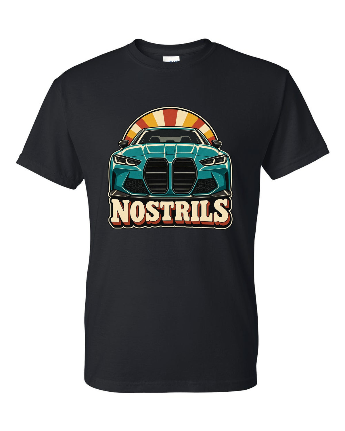 BMW G80 M3 retro catalogue ad style print with Nostrils text black t-shirt front view with the design