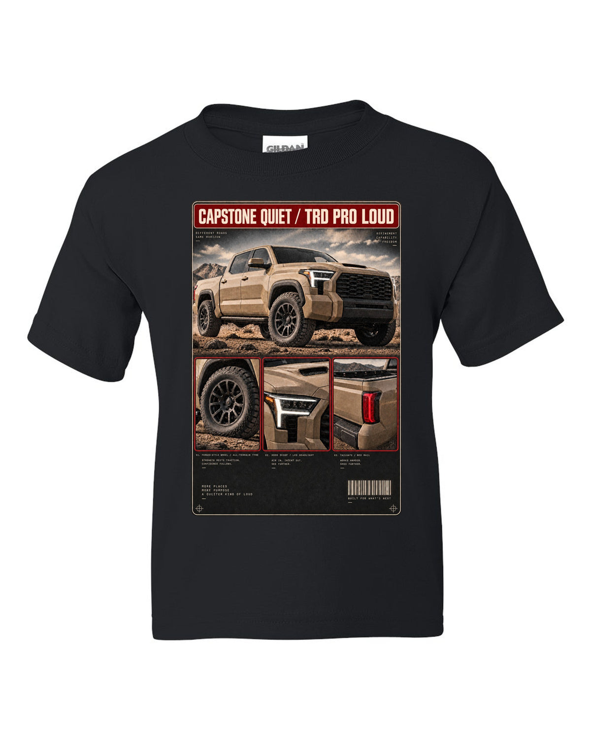 Toyota Tundra TRD Pro CrewMax dossier panel design black kids tee front view with the design