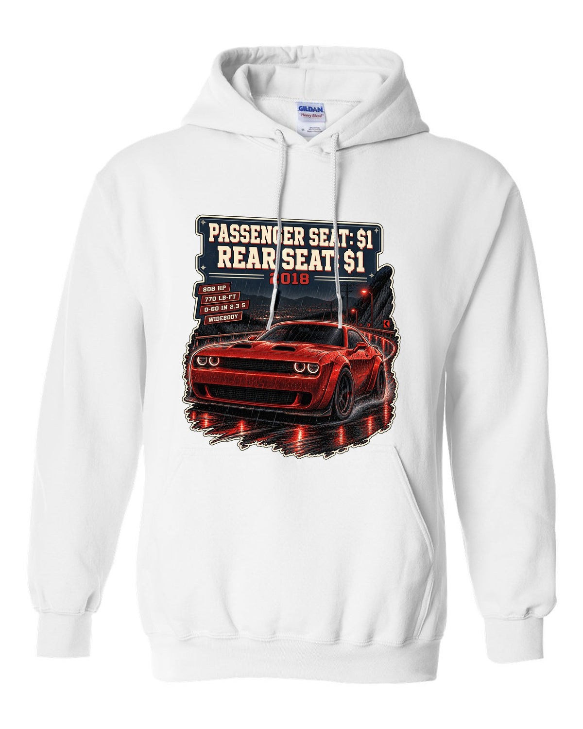 2018 Dodge Challenger SRT Demon on a night street print with seat price text white pull over hoodie front view with the design