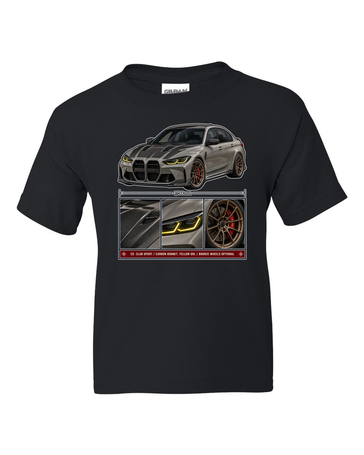 BMW M3 CS G80 dossier panels print design black kids tee front view with the design