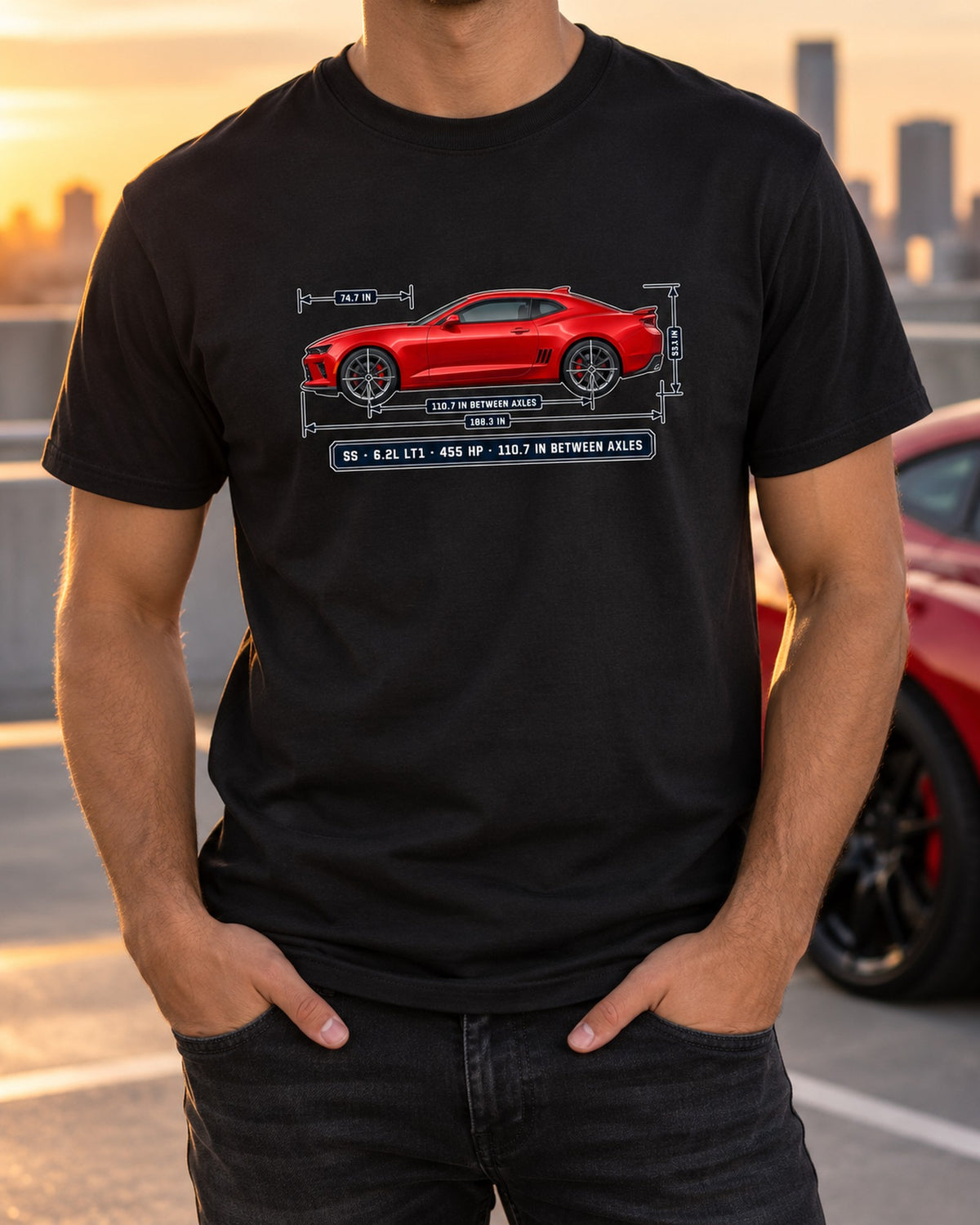 Chevrolet Camaro SS LT1 6th Gen Blueprint Shirt, 2016-18 T-Shirt Black worn hero