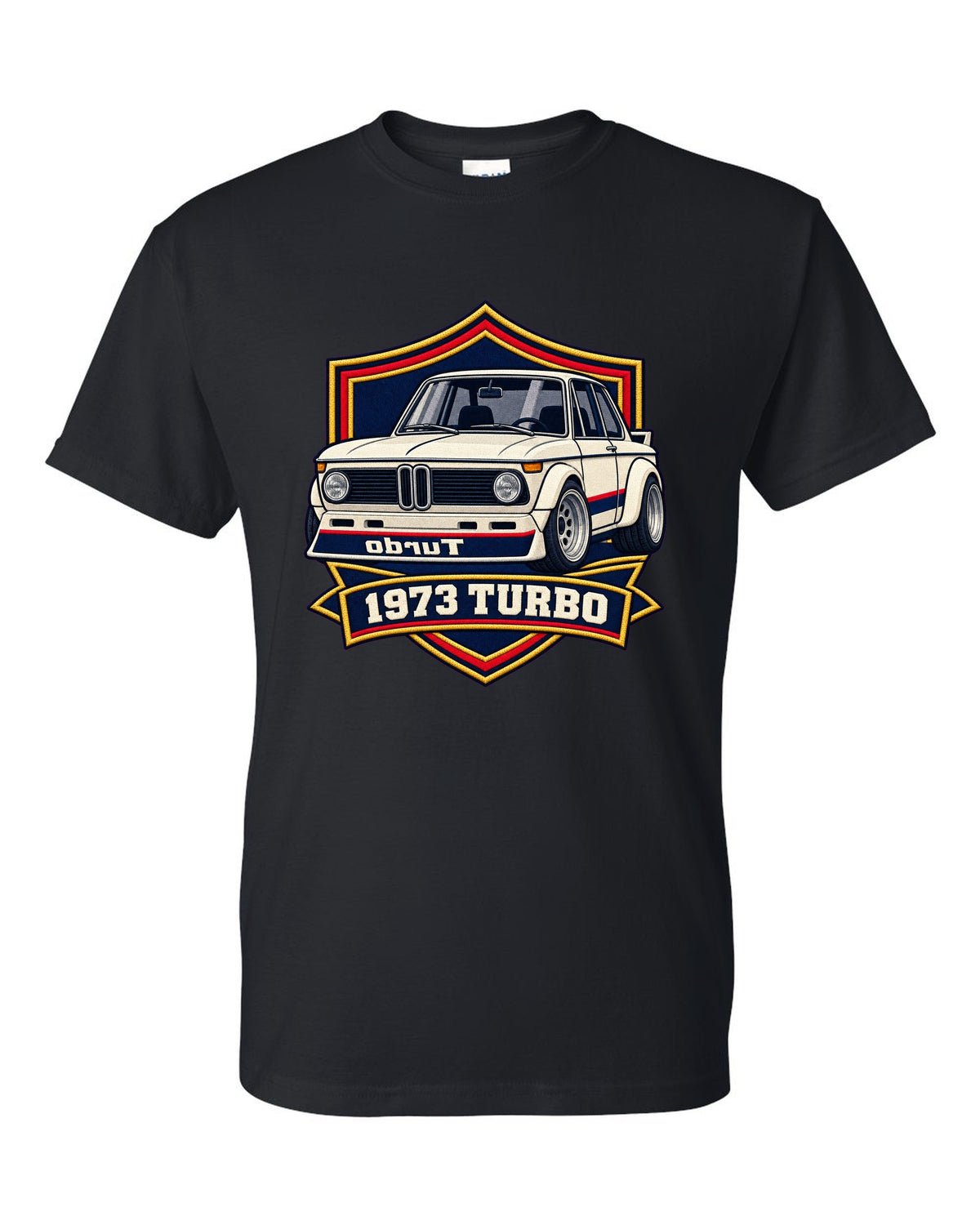 BMW 2002 turbo varsity crest print with mirrored turbo lettering and 1973 black t-shirt front view with the design