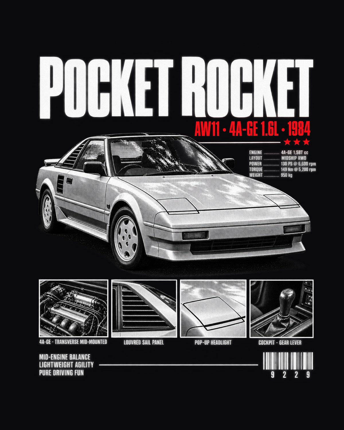Toyota MR2 AW11 Pocket Rocket Dossier Shirt, 4A-GE design only