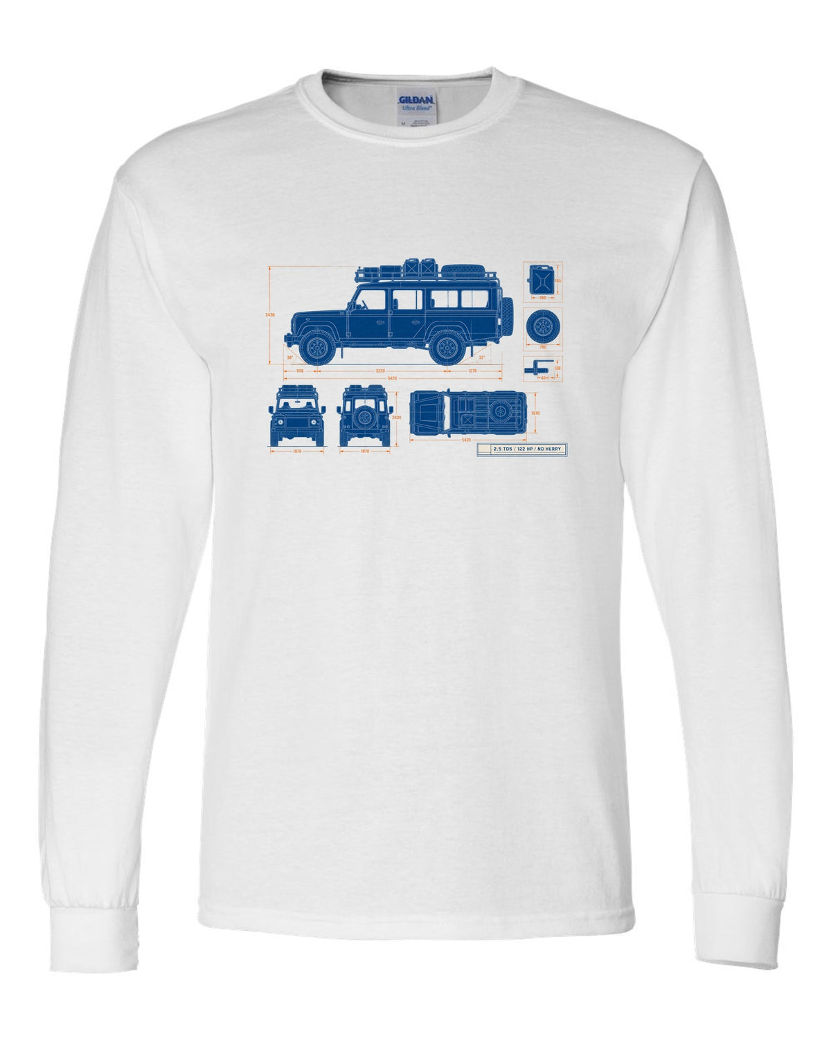 Blueprint line drawing print of a Land Rover Defender 110 Td5 with roof rack and 2.5 TD5 text white long sleeve front view with the design