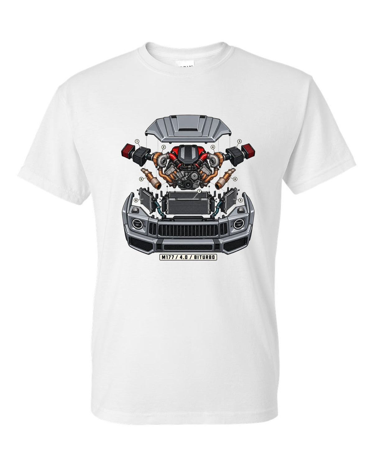 Isometric exploded engine cutaway graphic reading M177 4.0 Biturbo for the Mercedes G63 W464, print white t-shirt front view with the design