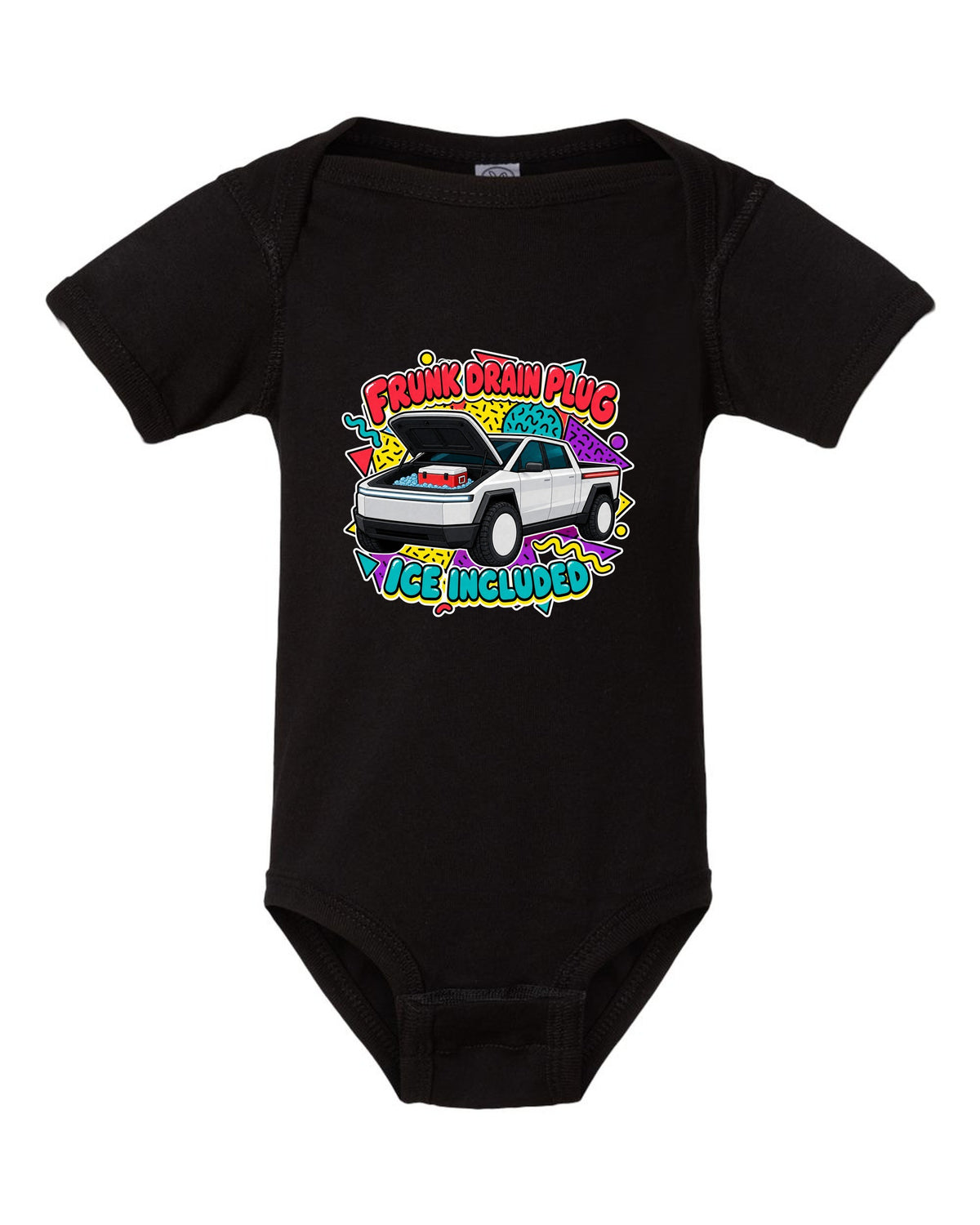 Ford F-150 Lightning retro sticker sheet print about the frunk drain plug and ice black baby onesie front view with the design