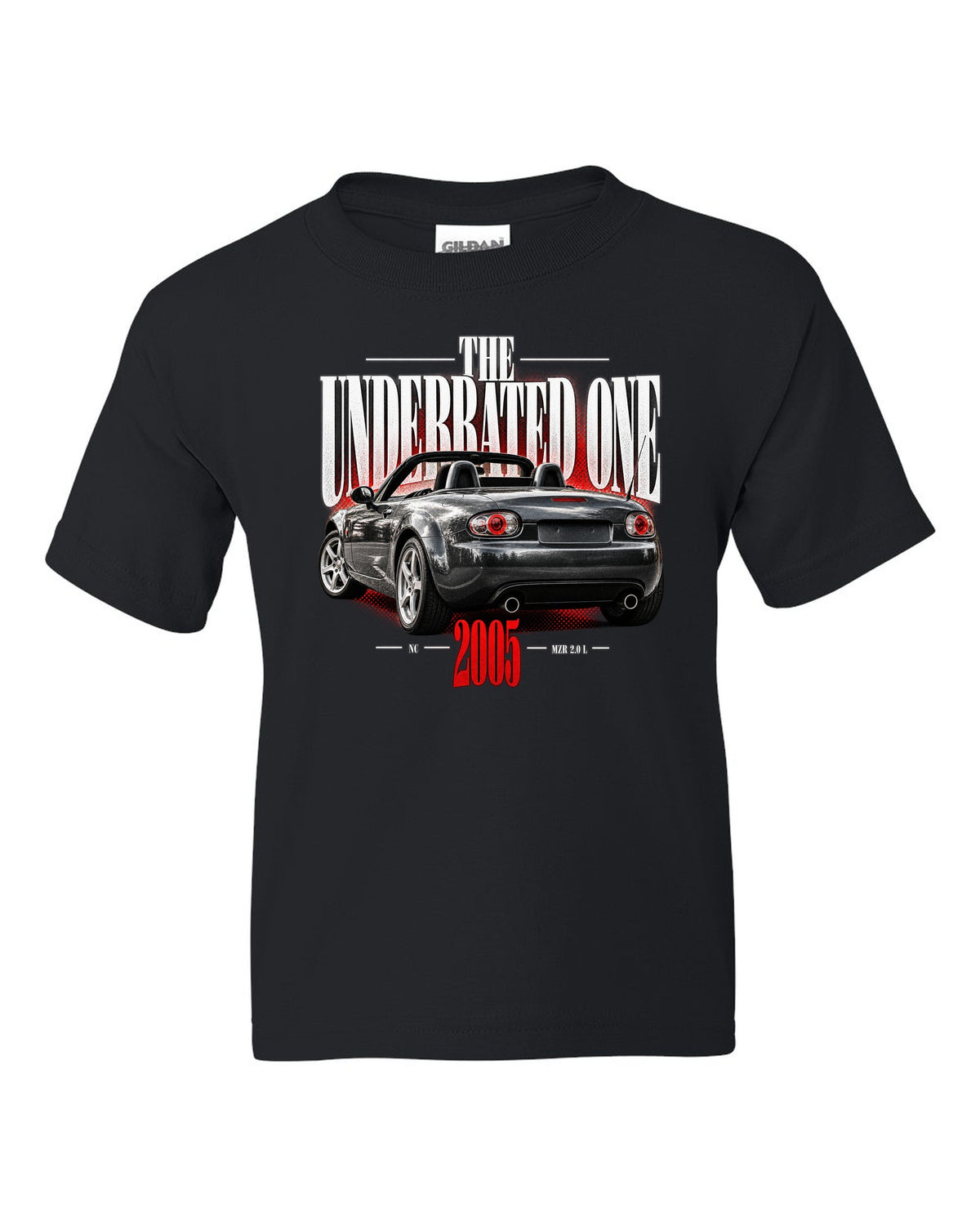 Editorial headline print of a Mazda MX-5 NC with underrated generation lettering black kids tee front view with the design