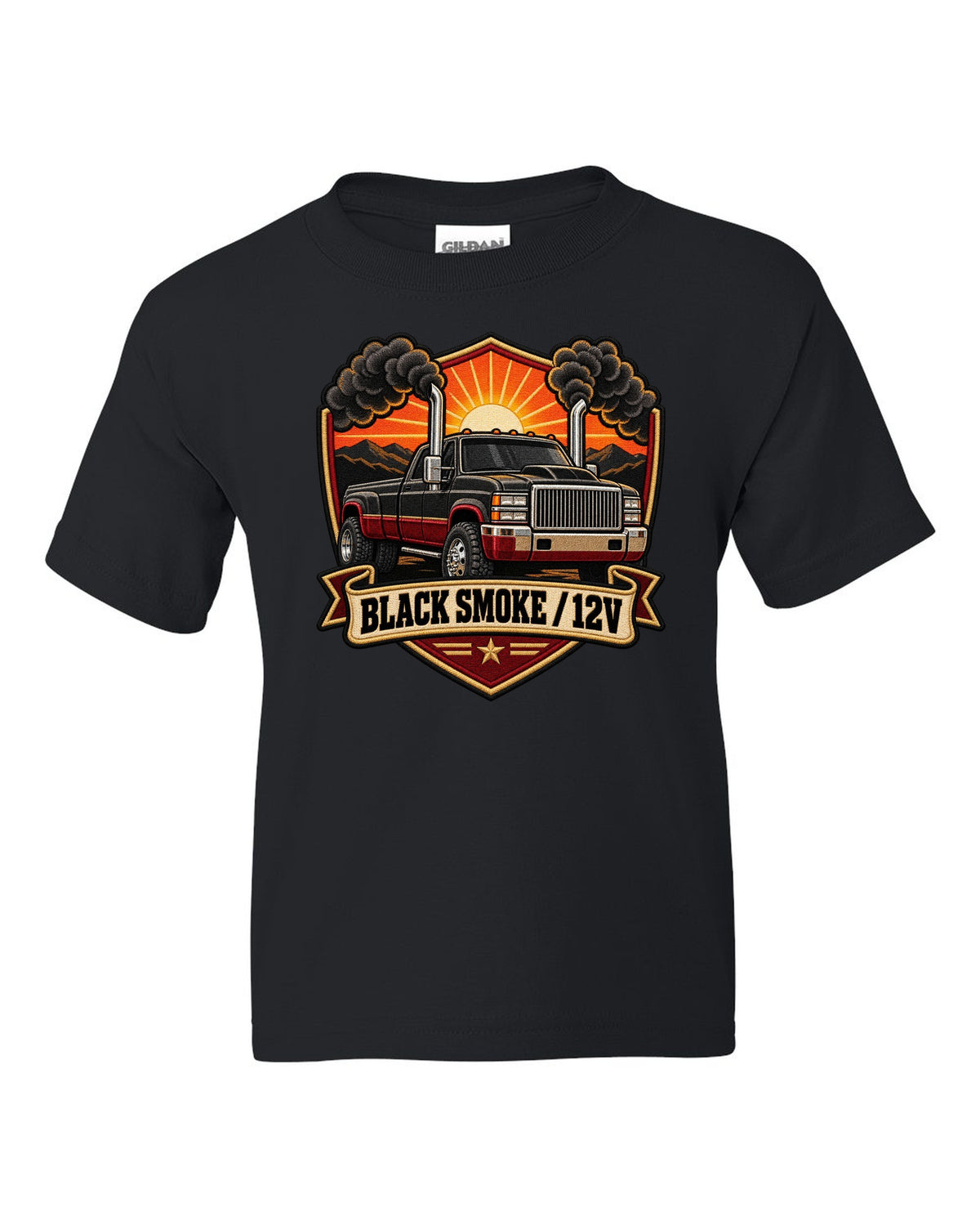Varsity crest print of a 1994-1998 Dodge Ram 2nd gen with twin chrome smoke stacks and 12V text black kids tee front view with the design