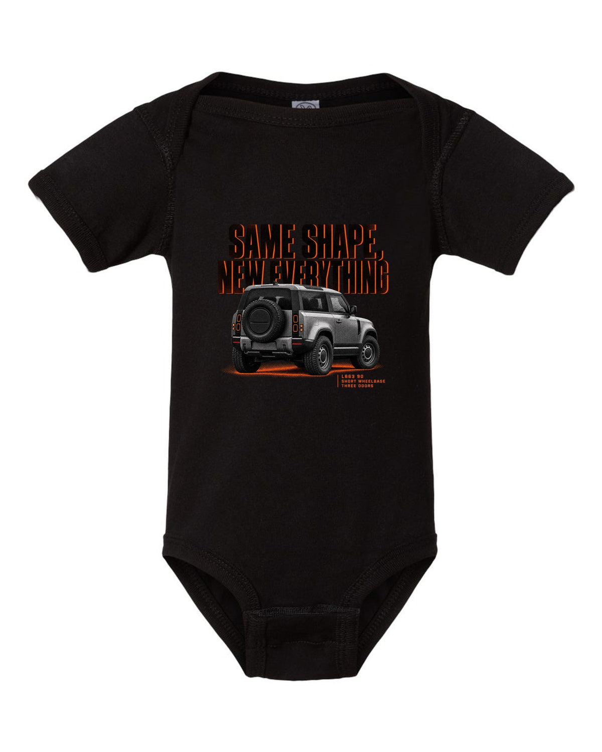 Land Rover Defender L663 90 halftone print with same shape new everything text black baby onesie front view with the design