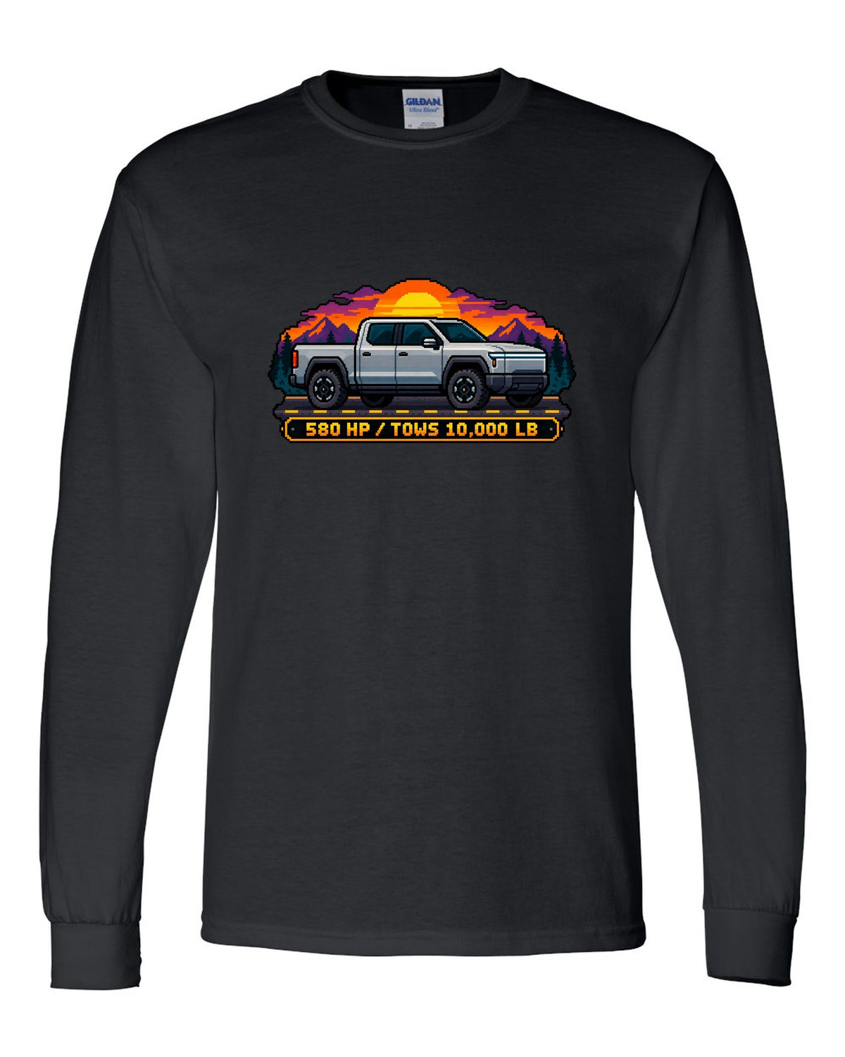 Ford F-150 Lightning 16-bit pixel art print with 580 HP and 10,000 lb towing text black long sleeve front view with the design