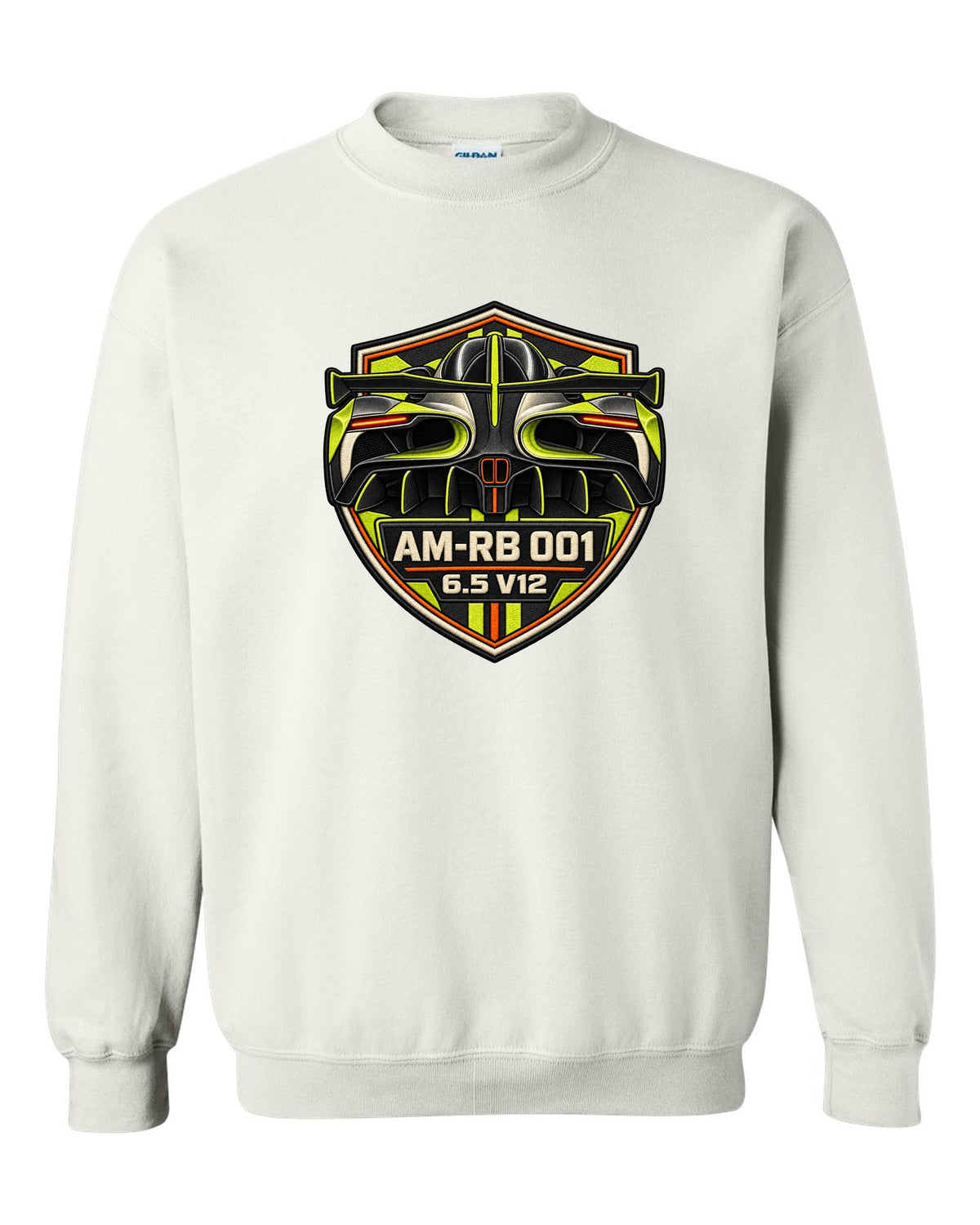 Varsity embroidery-style tunnel print of the 2021 Aston Martin Valkyrie with AM-RB 001 and 6.5 V12 lettering white crewneck front view with the design