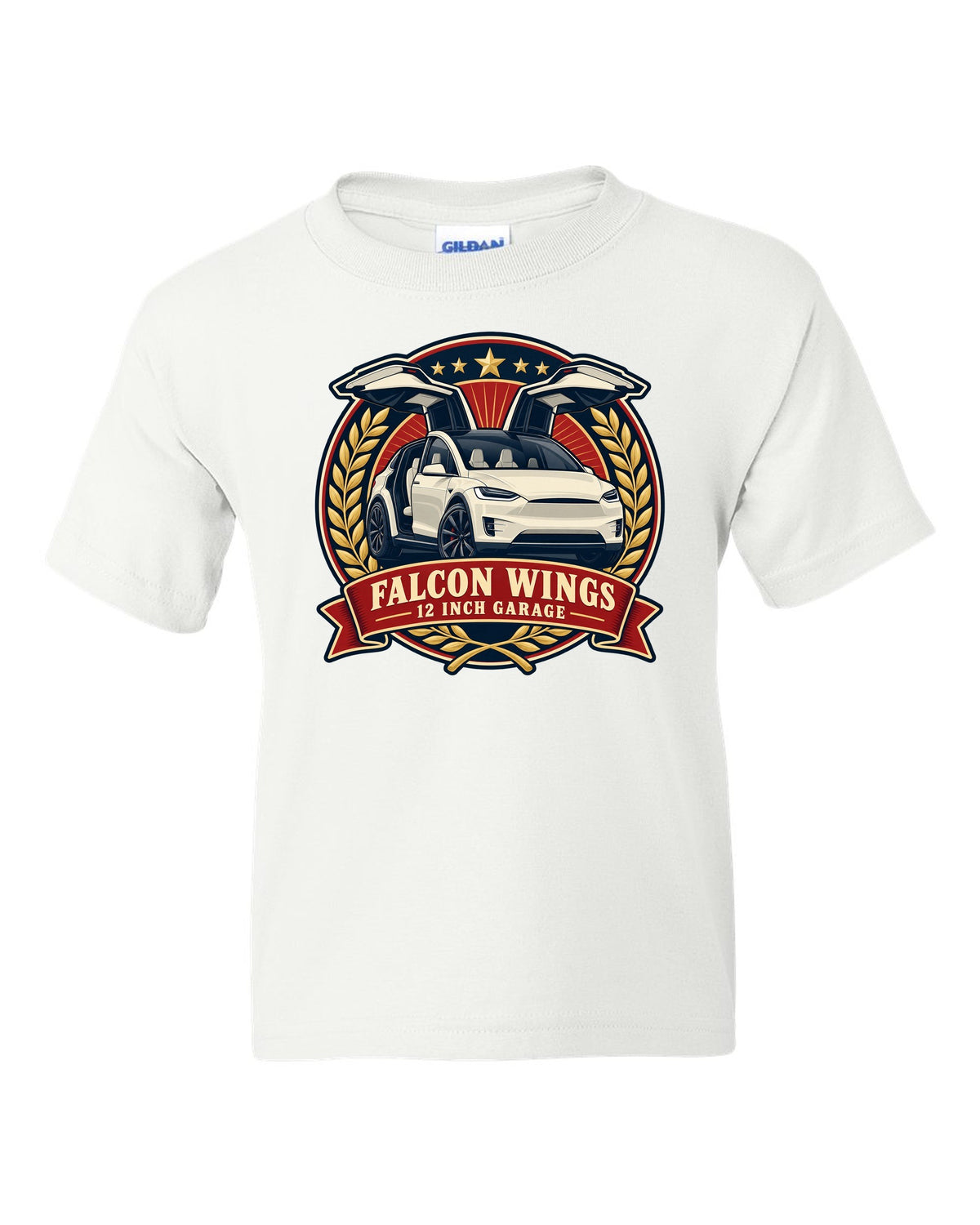Vintage badge illustration print of a Tesla Model X with falcon wing doors reading Falcon Wings 12 Inch Garage white kids tee front view with the design