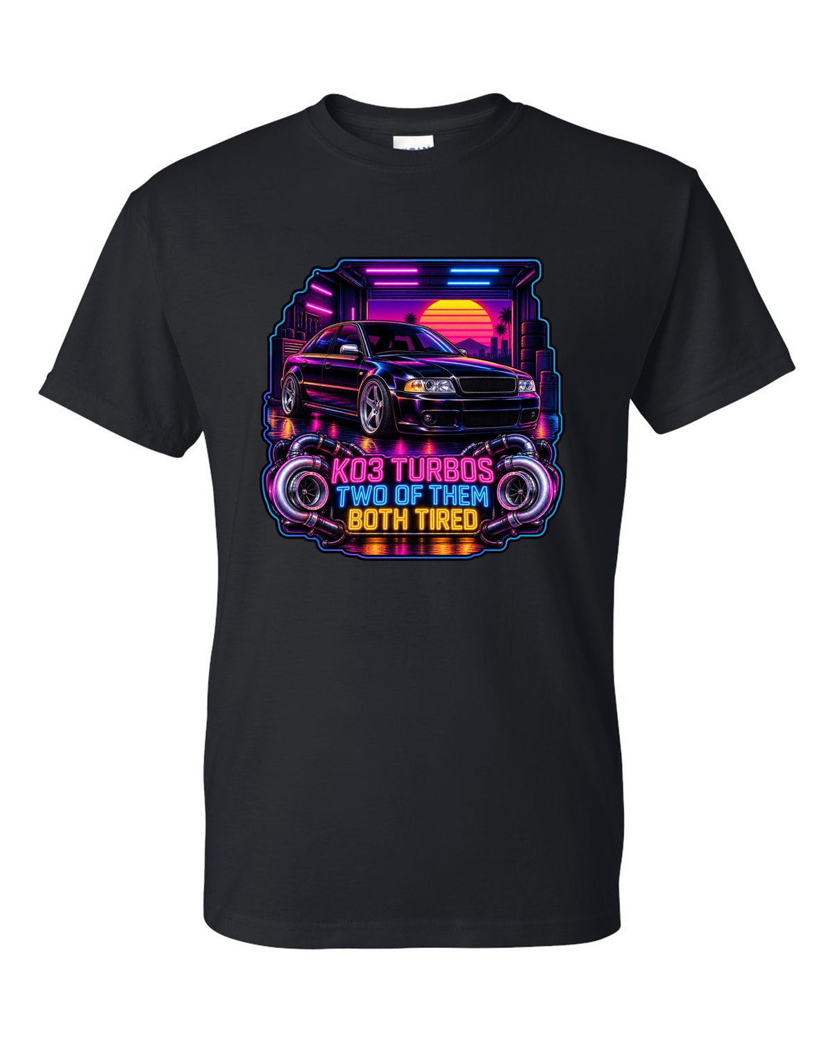 Synthwave print of an Audi S4 B5 sedan with K03 turbos text black t-shirt front view with the design