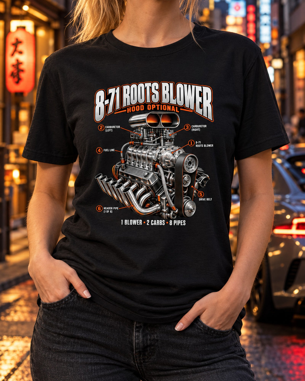 Blown Small-Block V8 Hot Rod Engine Callout Shirt, 8-71 Blower T-Shirt Black worn hero