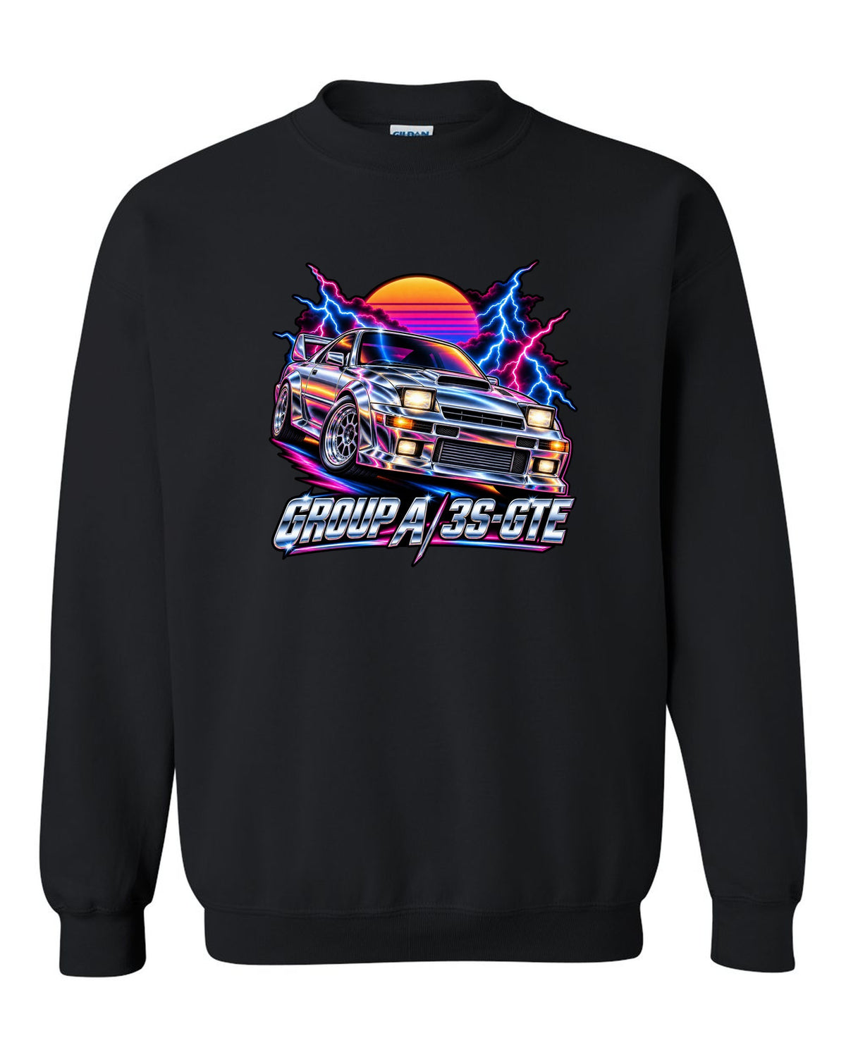 80s airbrush chrome illustration of a Toyota Celica GT-Four ST185 with Group A 3S-GTE lettering black crewneck front view with the design