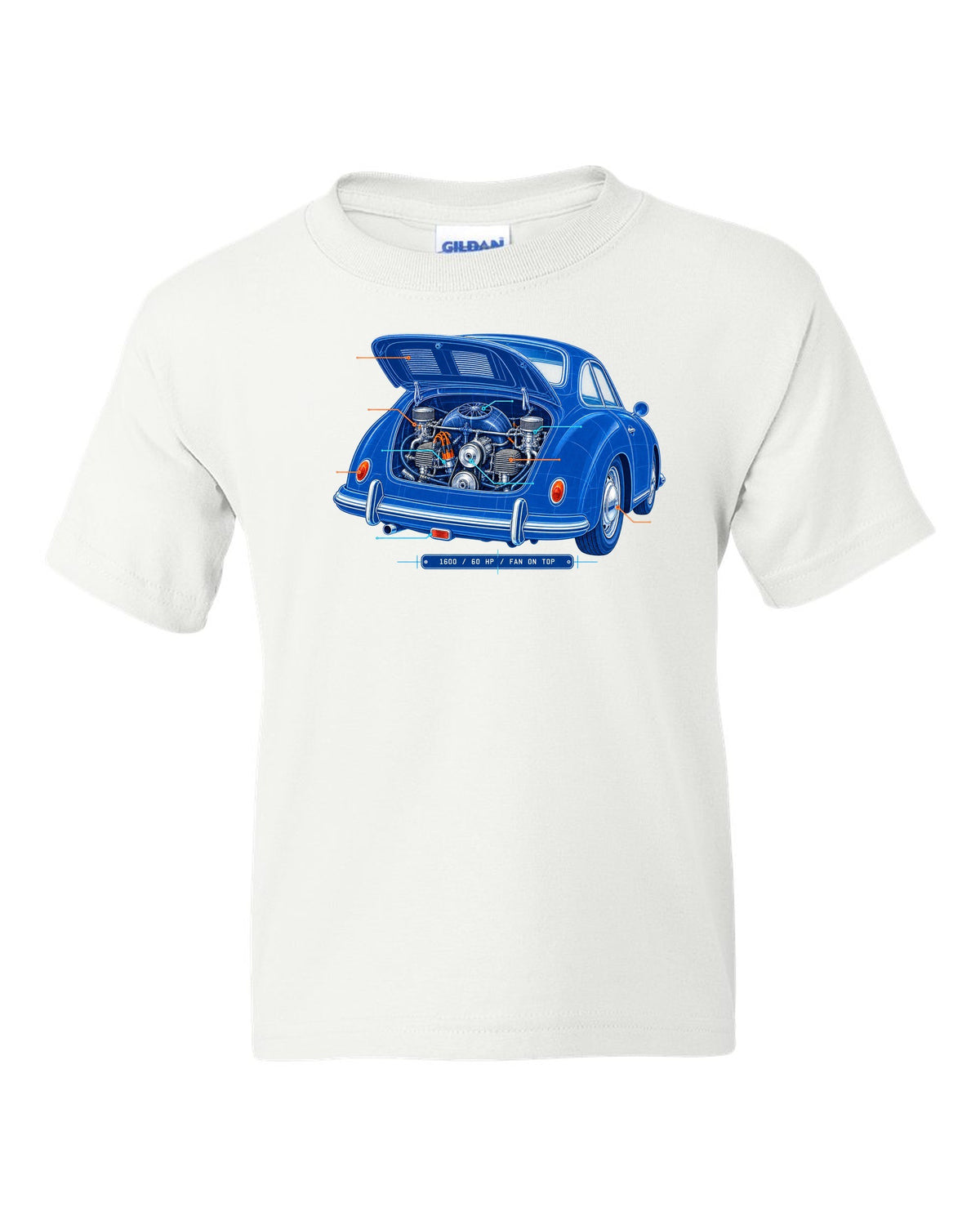 Linocut print of a 1978 Porsche 911 SC Targa in a night garage with the text SC Targa, 180 PS and 3.0 white kids tee front view with the design