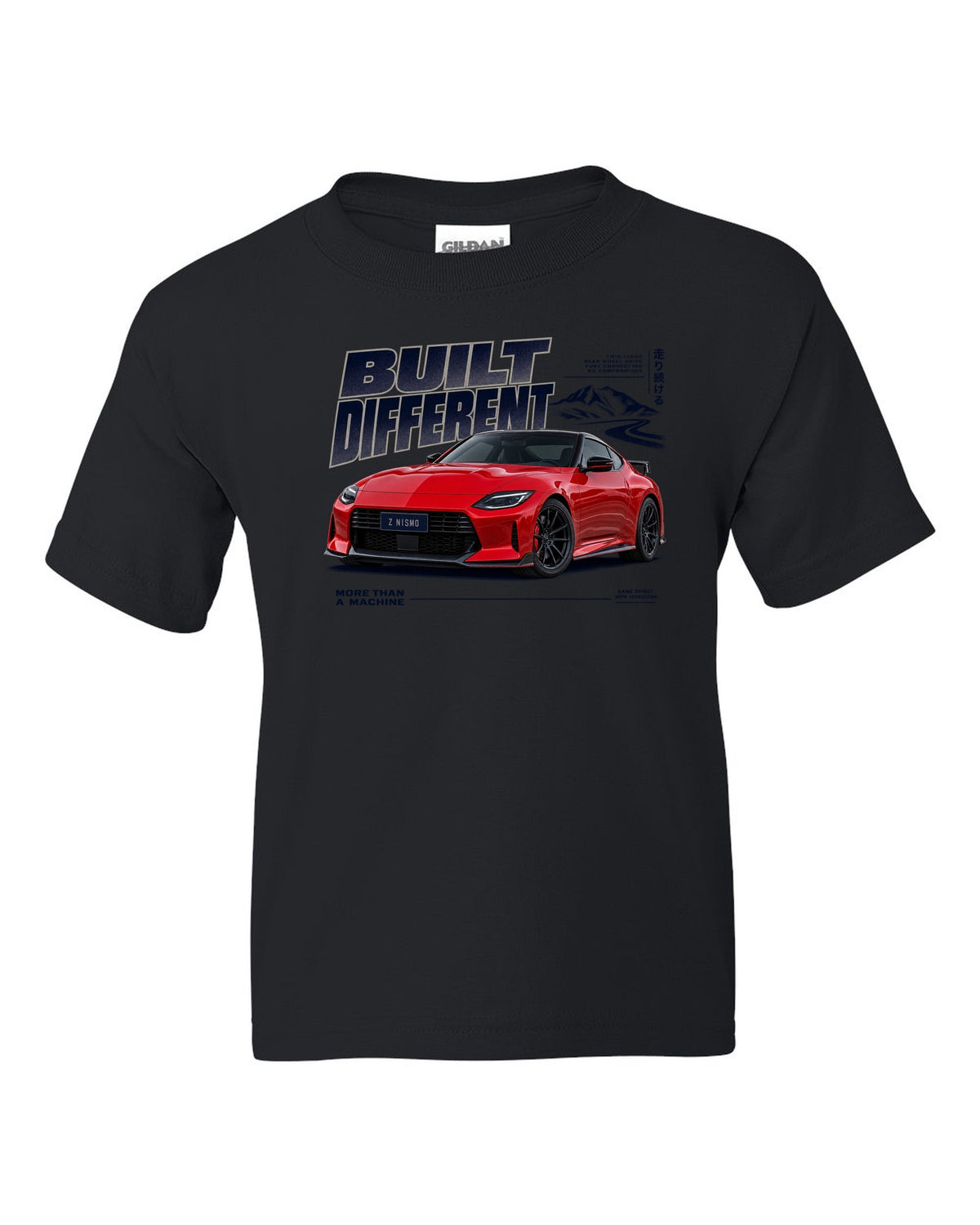 Dossier panels for a 2024 Nissan Z NISMO RZ34 in graphite and rust black kids tee front view with the design