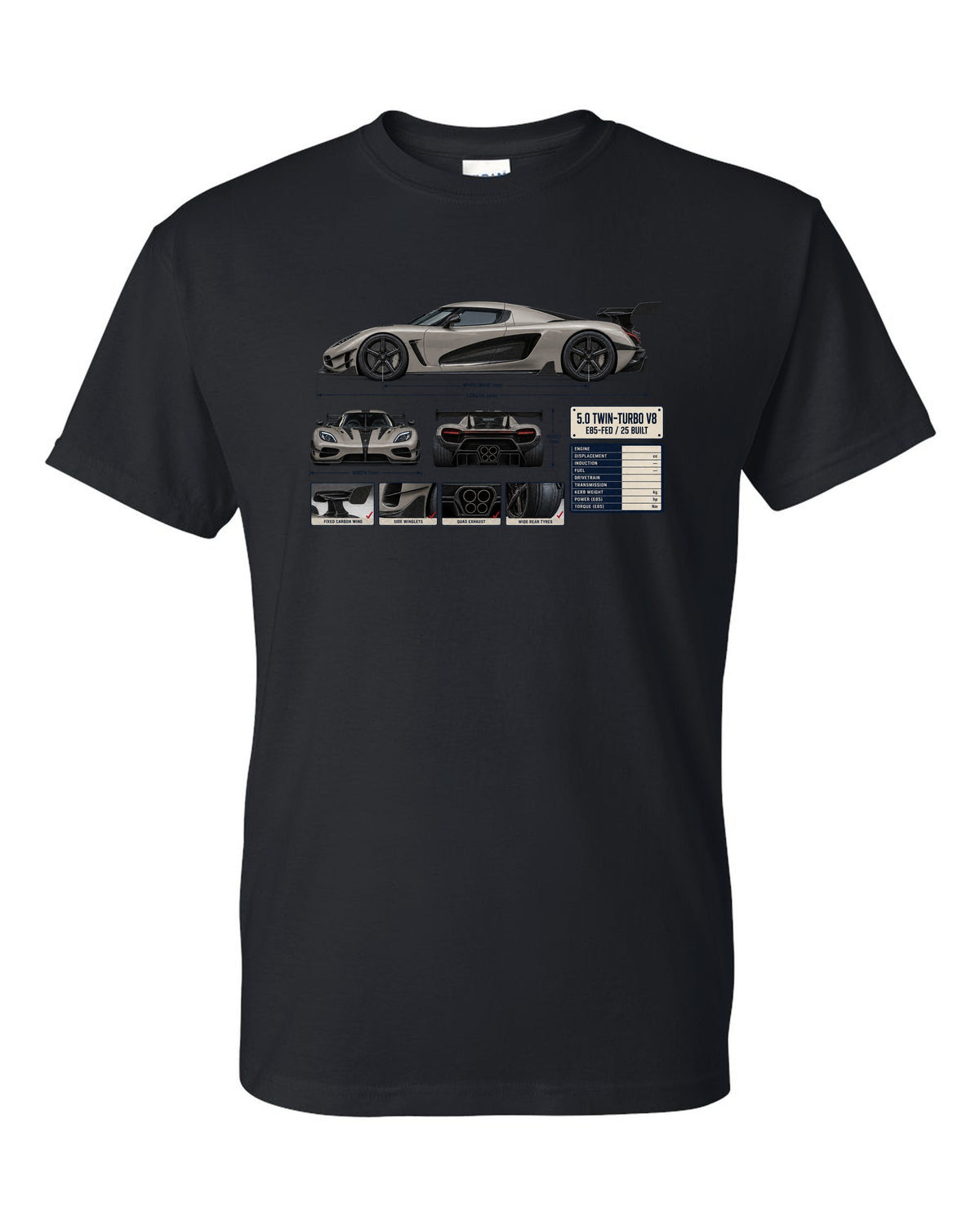Three-view and spec table print of the Koenigsegg Agera RS with the text 5.0 twin-turbo V8, E85-fed, 25 built black t-shirt front view with the design