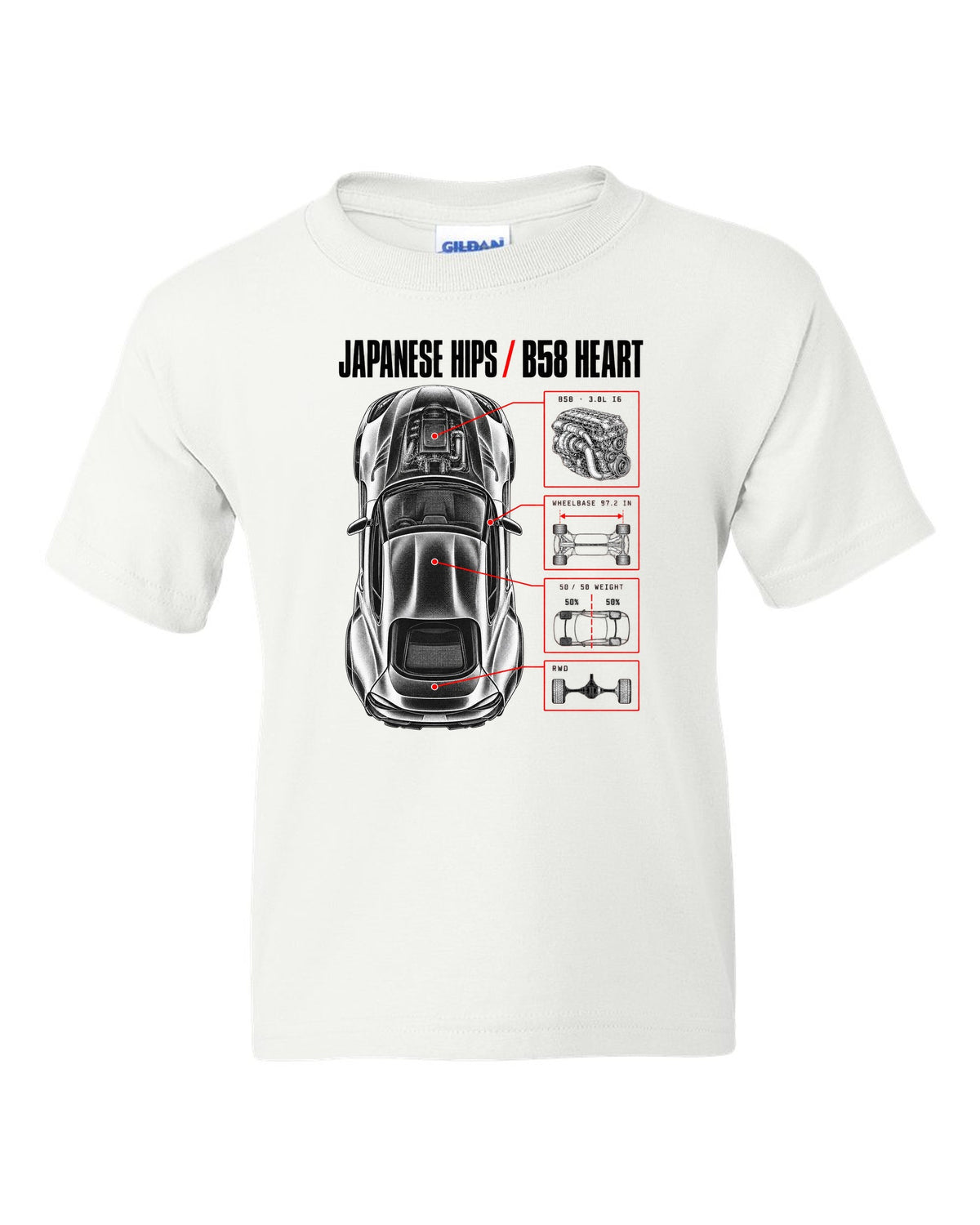 Spec poster print of a Toyota GR Supra A90 with the text Japanese Hips B58 Heart white kids tee front view with the design