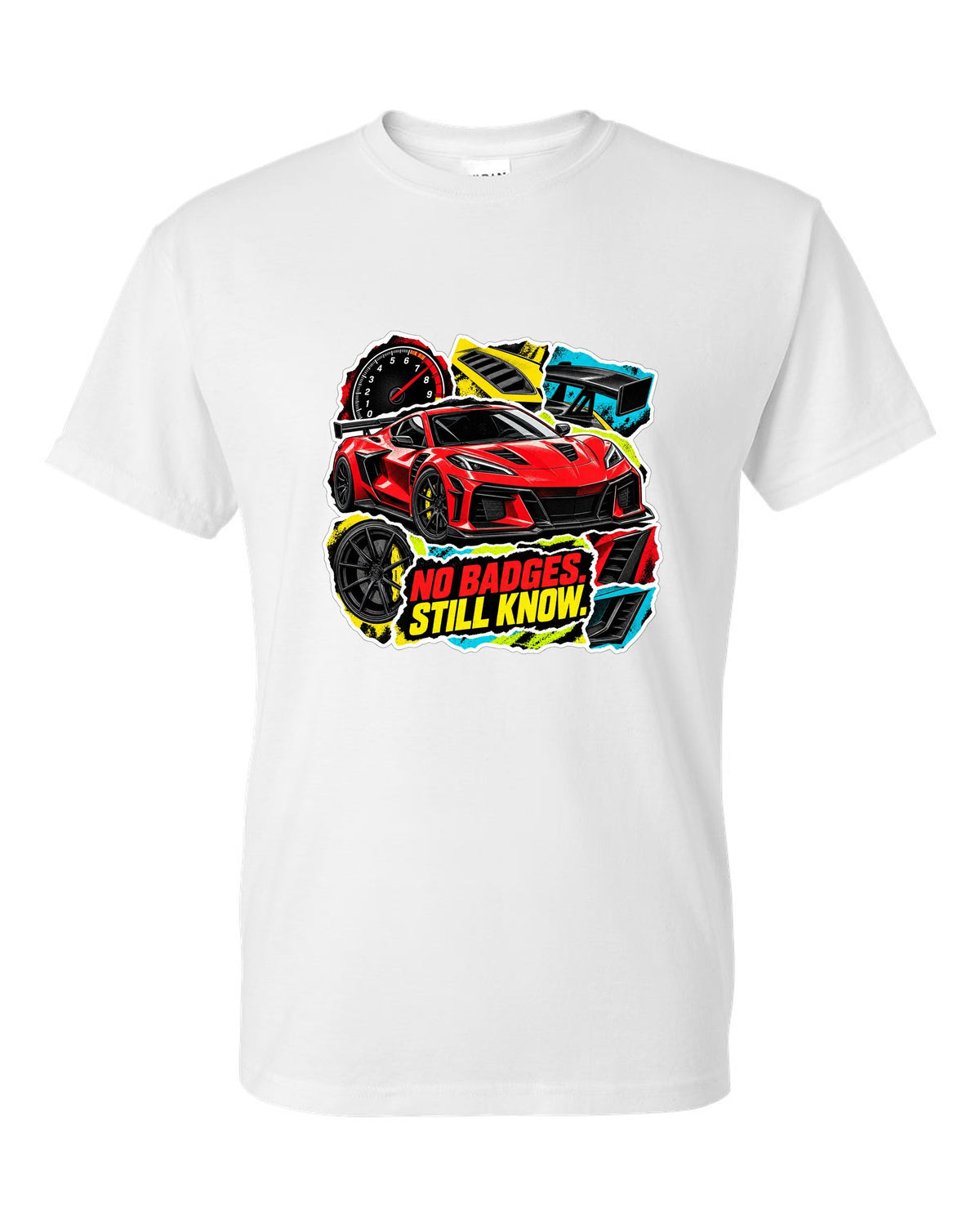 Sticker-bomb collage print of a 2025 Chevrolet Corvette C8 ZR1 with fender vents and rear wing white t-shirt front view with the design