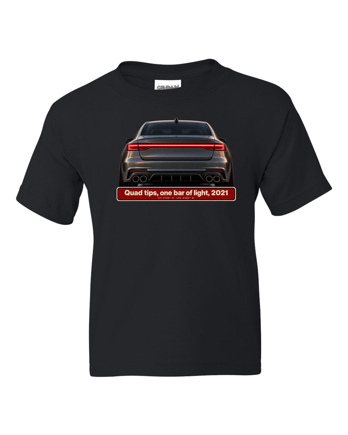 Acura TLX Type S taillight and quad exhaust tips macro print black kids tee front view with the design