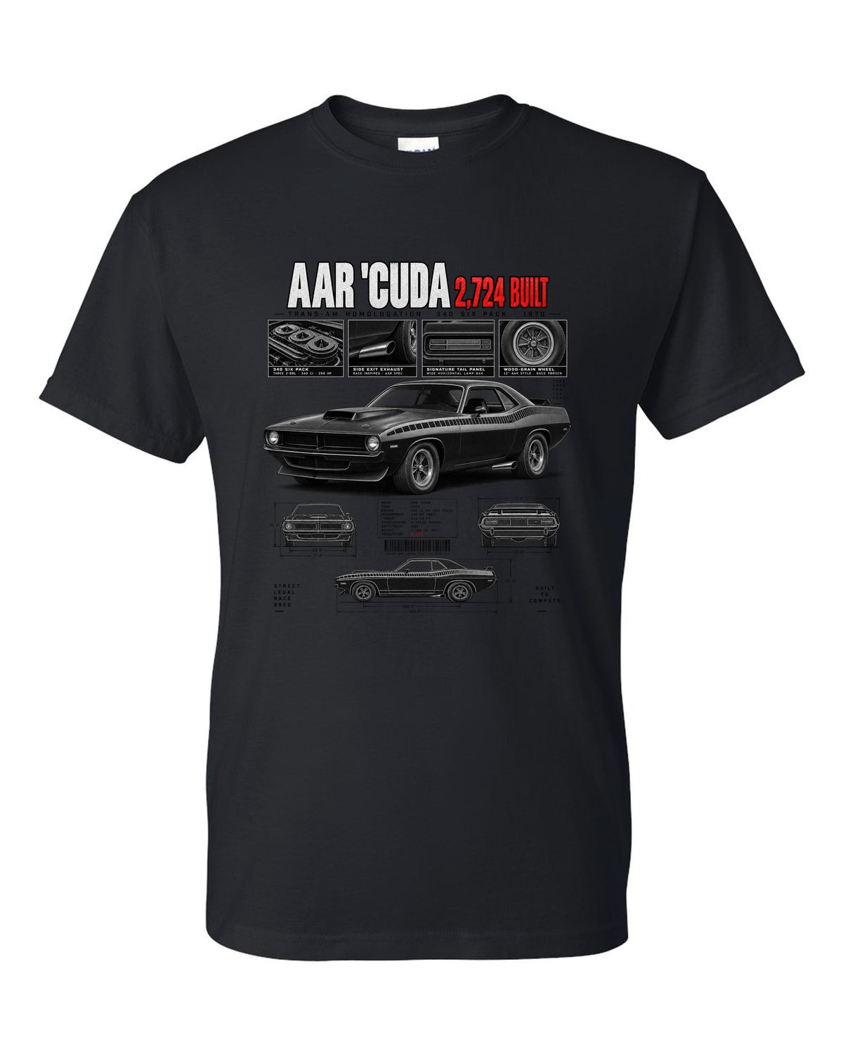 1970 Plymouth AAR Cuda E-body Dossier, 2,724 Built Tee black t-shirt front view with the design