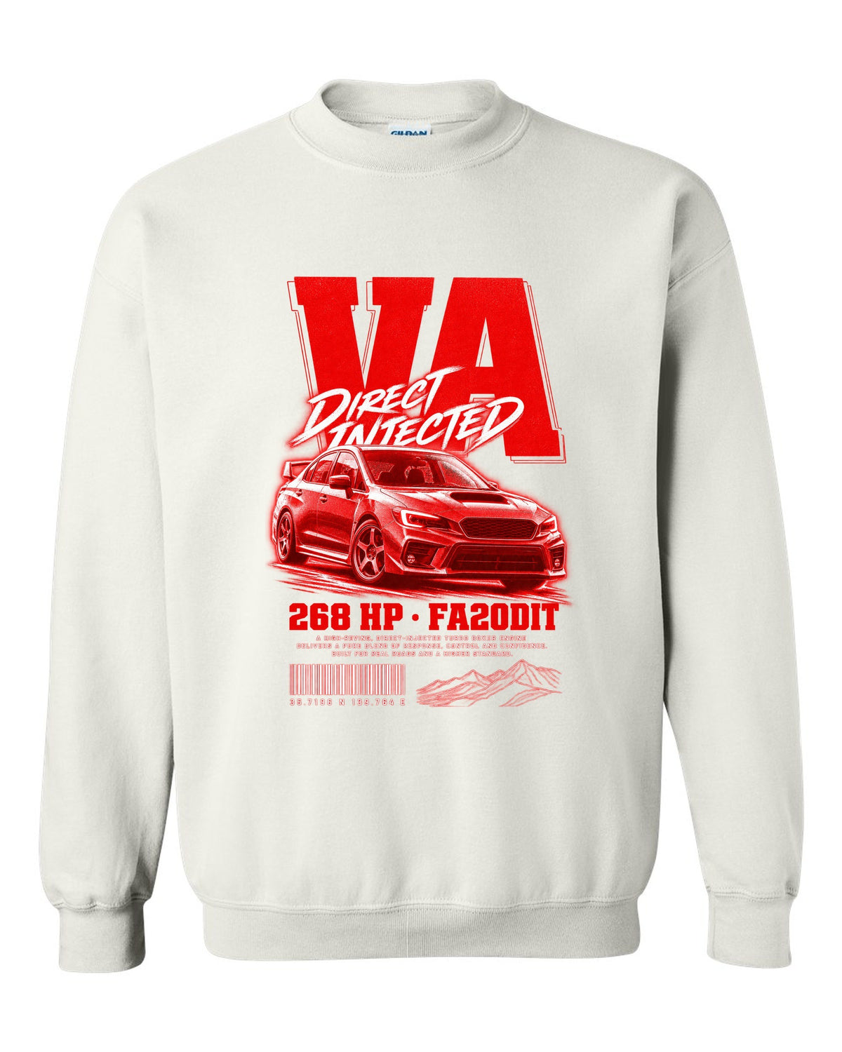 Street poster print for the Subaru WRX VA reading Direct Injected, 268 HP, FA20DIT white crewneck front view with the design
