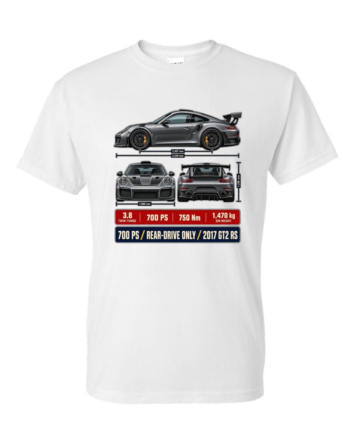 Porsche 911 GT2 RS 991.2 three-view dossier print design white t-shirt front view with the design
