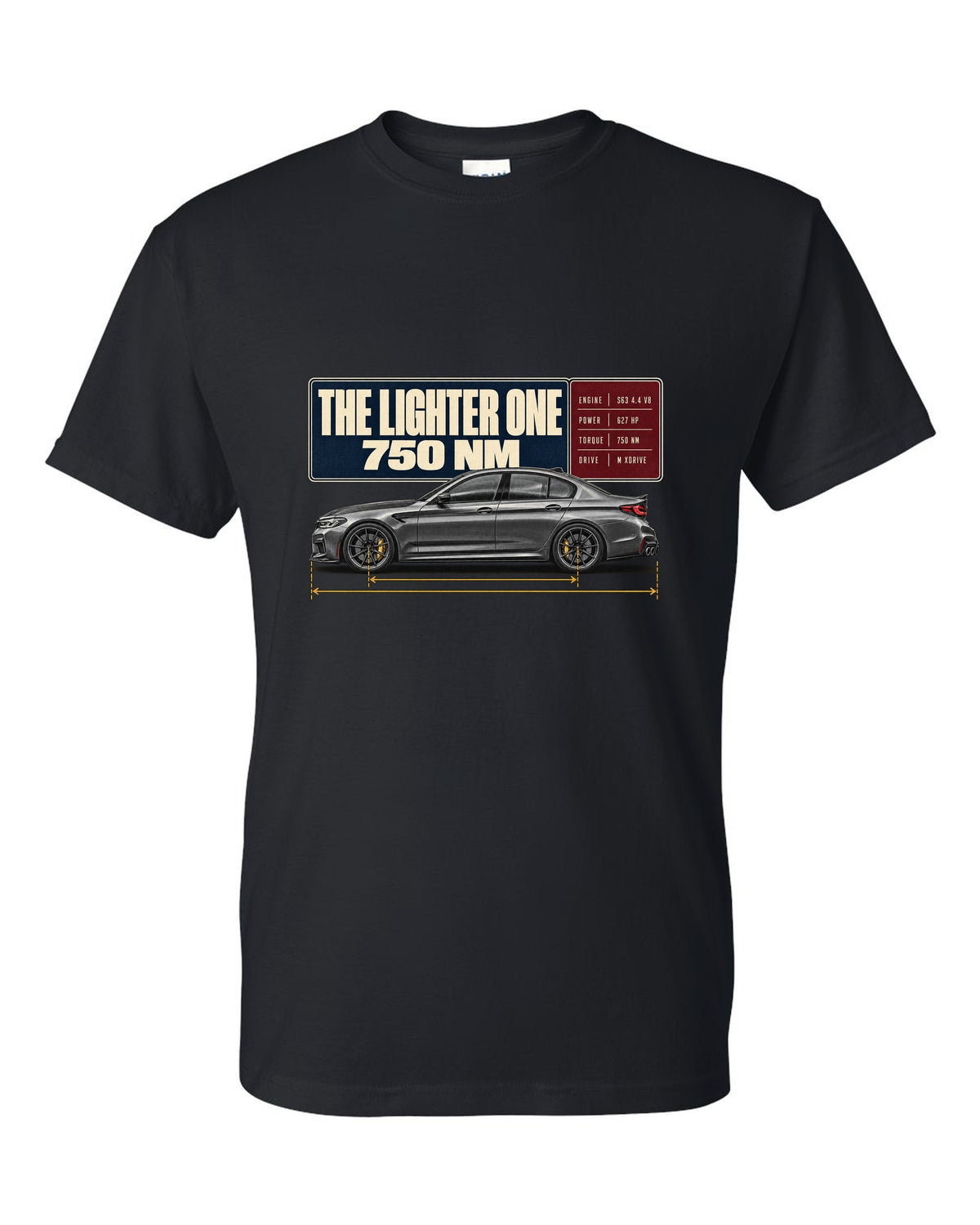 BMW M5 F90 CS spec poster print on a tee black t-shirt front view with the design