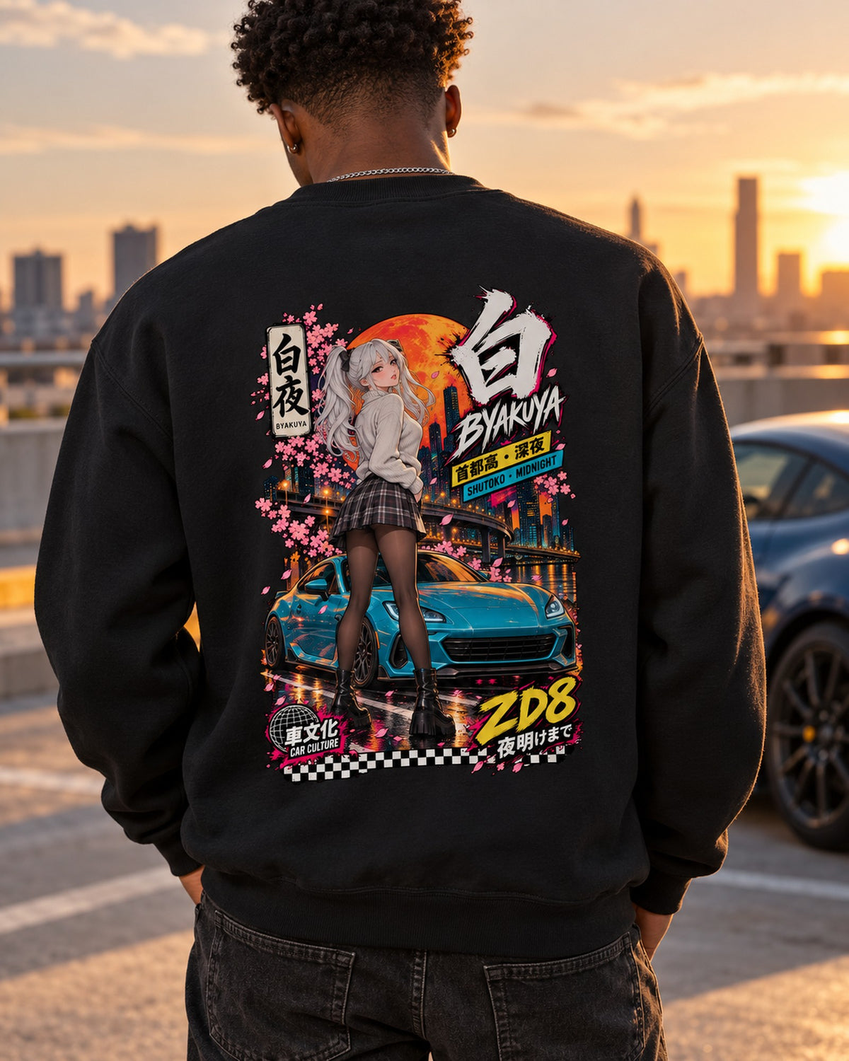 BYAKUYA ZD8 Anime Girl Full-Back Graphic Tee Crewneck Black worn hero