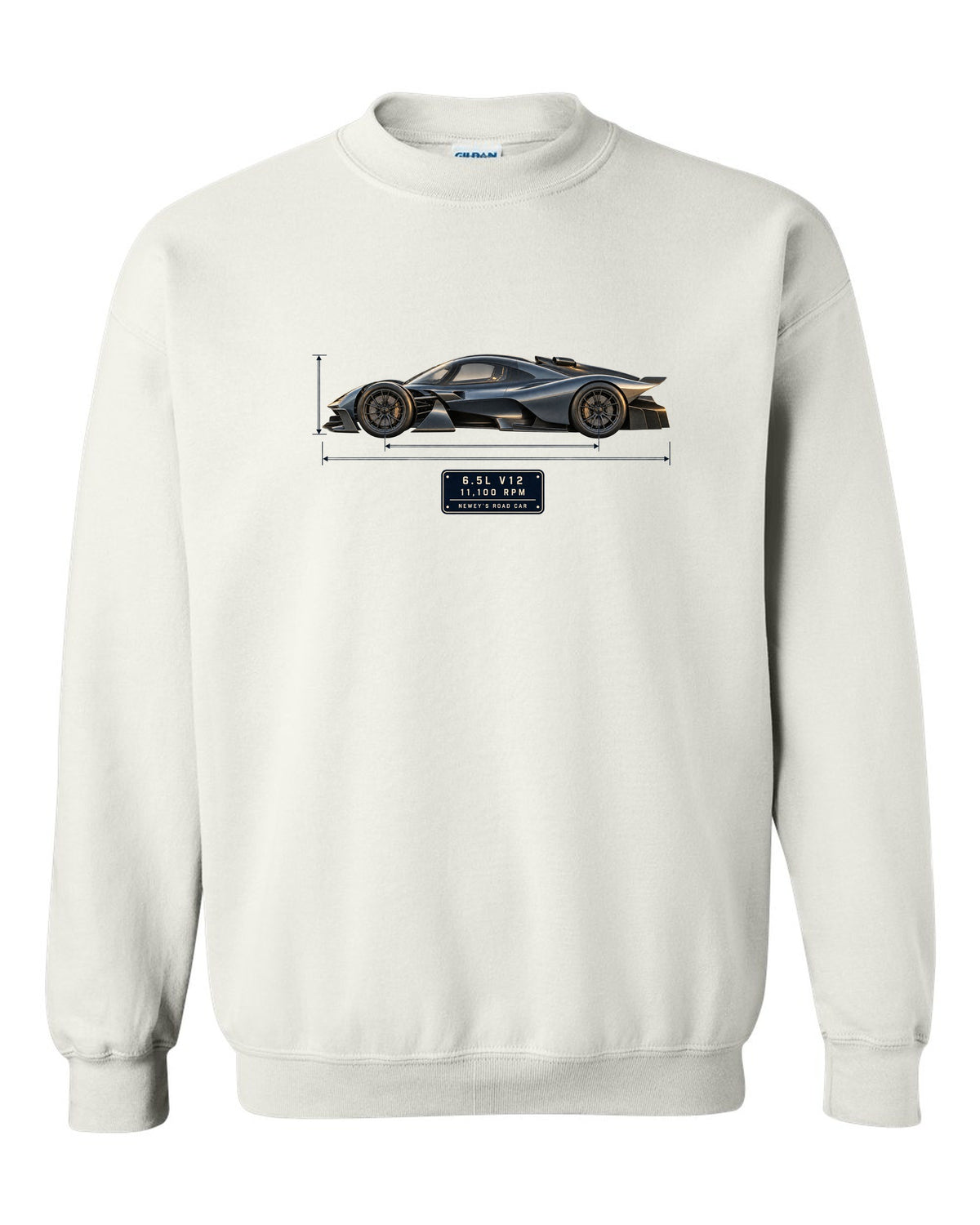 Aston Martin Valkyrie 2021 blueprint print with 6.5L V12 and 11,100 rpm lettering white crewneck front view with the design
