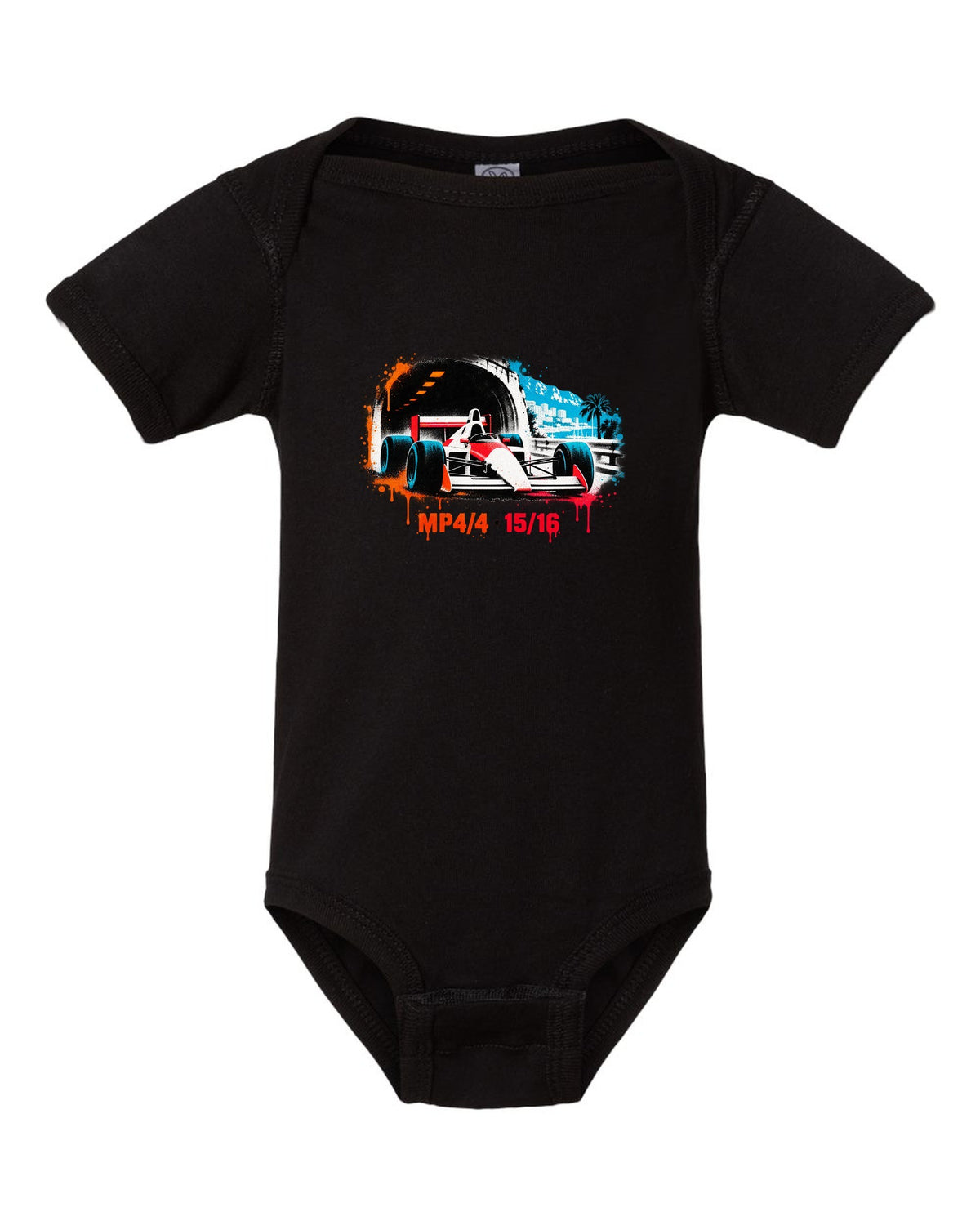 Stencil spray art of the McLaren MP4/4 Formula 1 car with 15/16 lettering black baby onesie front view with the design