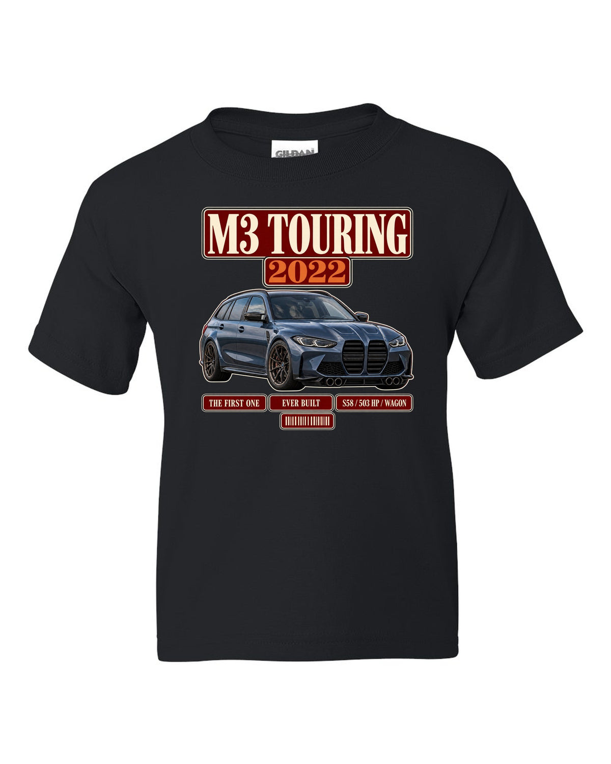 BMW M3 Touring G81 archive panel print with first ever built text black kids tee front view with the design