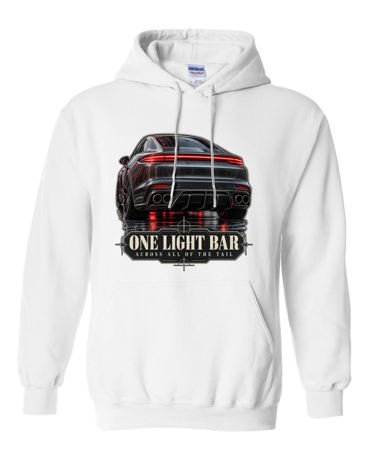 Close crop print of the full-width taillight bar on a Porsche Panamera Turbo S E-Hybrid G3 white pull over hoodie front view with the design