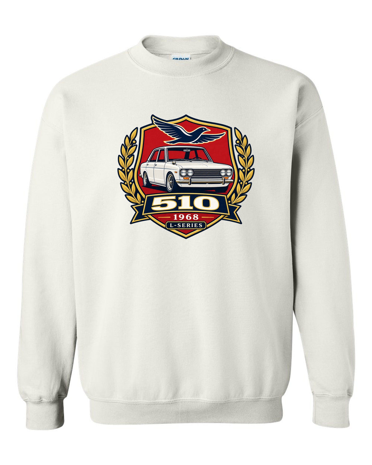 Shield crest print for the Datsun 510 with 510, 1968 and L-Series lettering white crewneck front view with the design