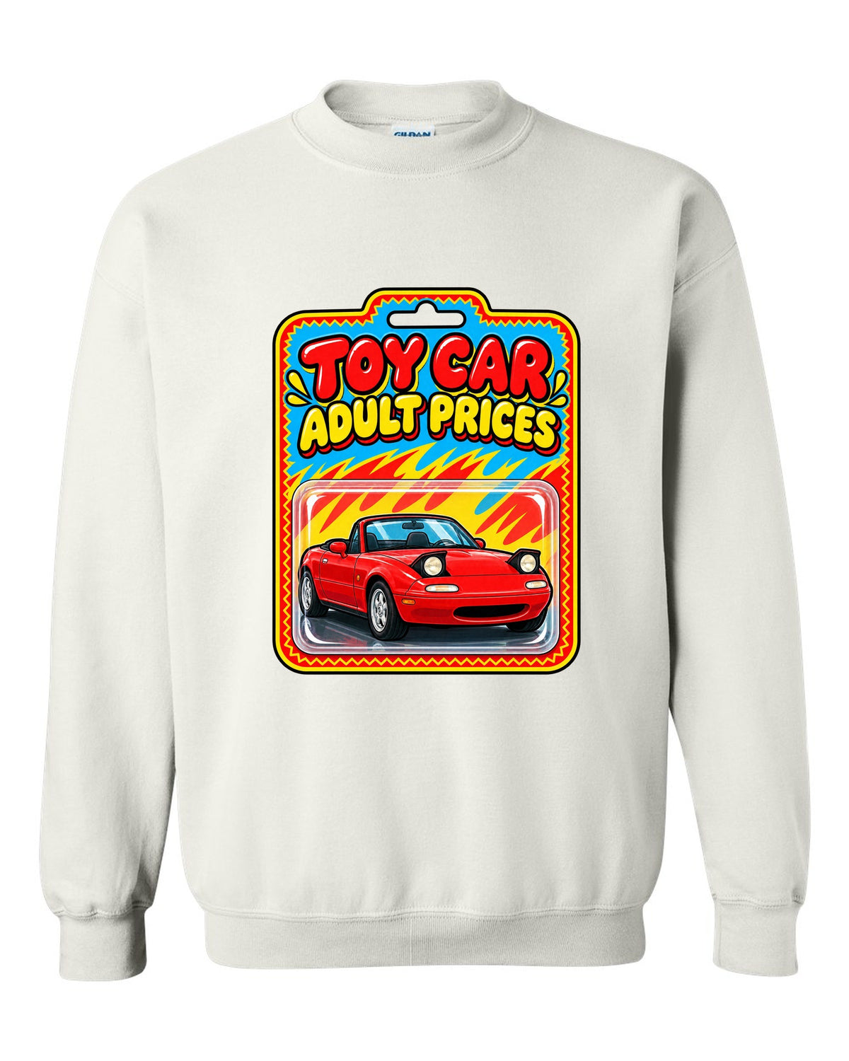 Toy car blister card style illustration of a Mazda MX-5 NA with adult prices text white crewneck front view with the design