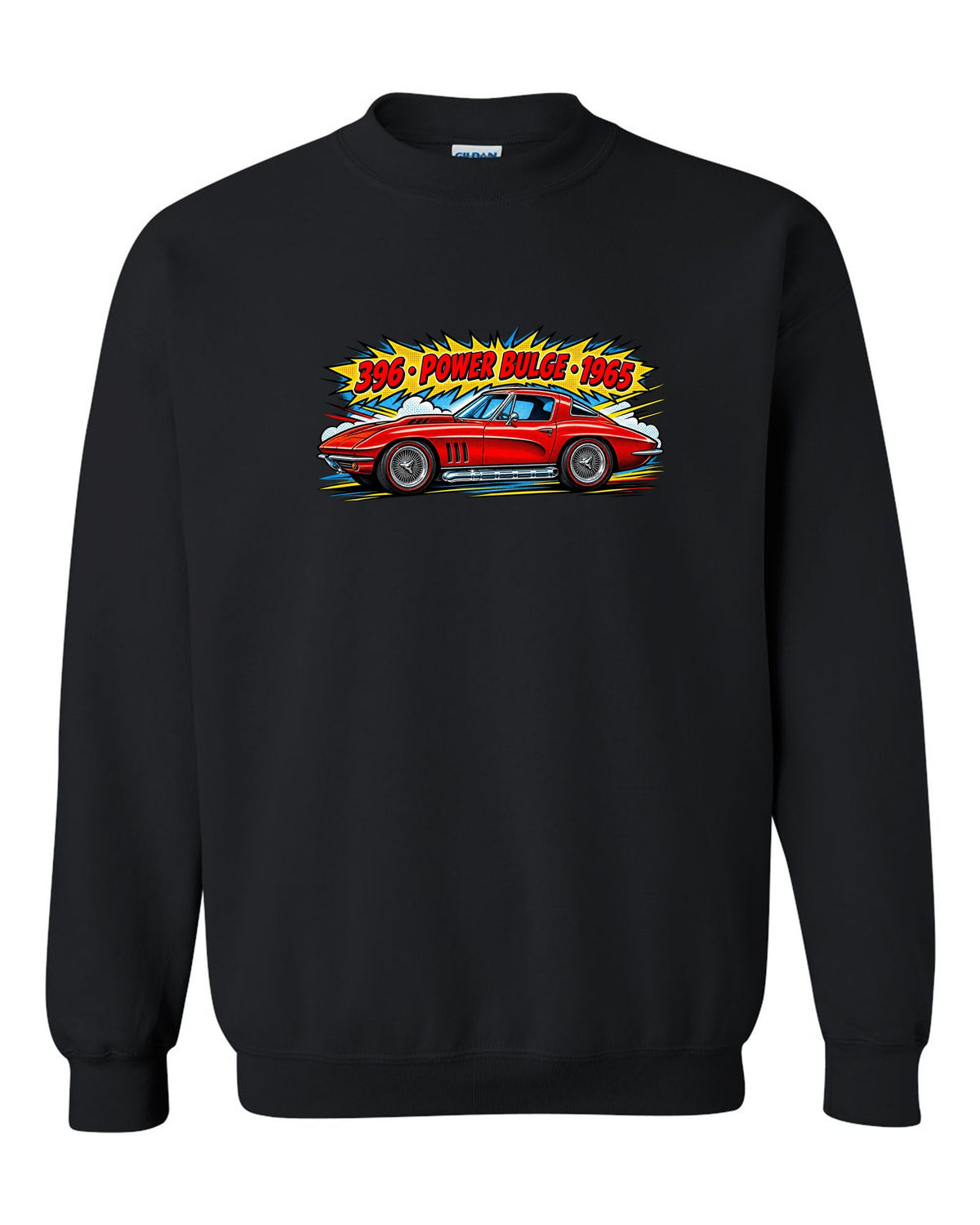 1965 Corvette C2 Sting Ray Side Pipe Comic black crewneck front view with the design