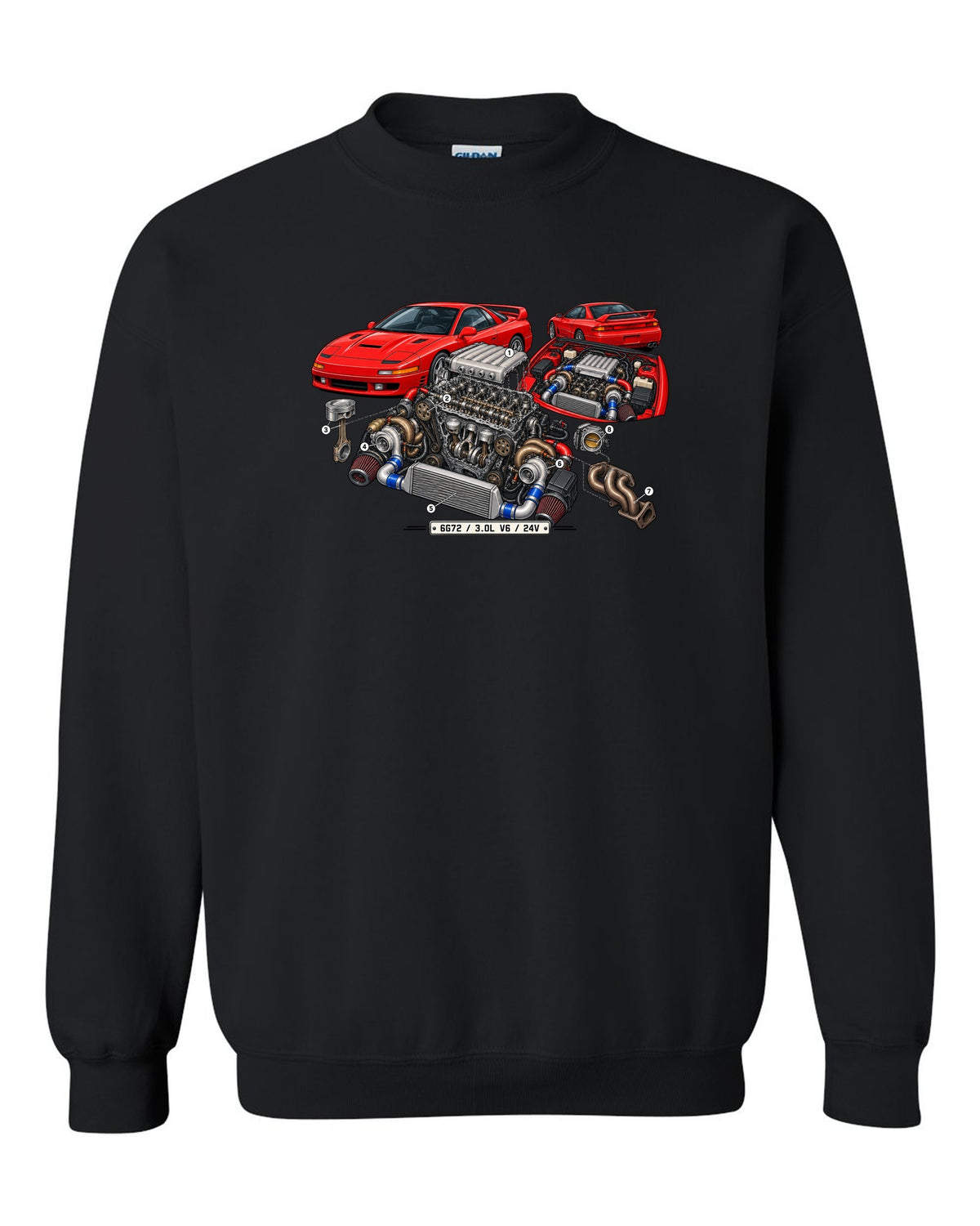 Exploded engine cutaway print of the 6G72 V6 for the Mitsubishi 3000GT VR-4 with 3.0L 24V text black crewneck front view with the design