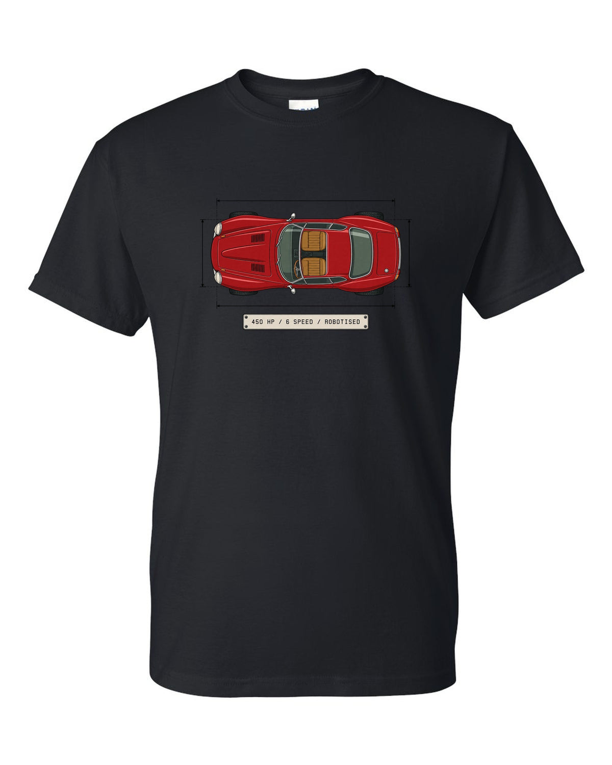 Spec sheet data plate for an Alfa Romeo 8C Competizione with 450 HP 6 speed robotised black t-shirt front view with the design