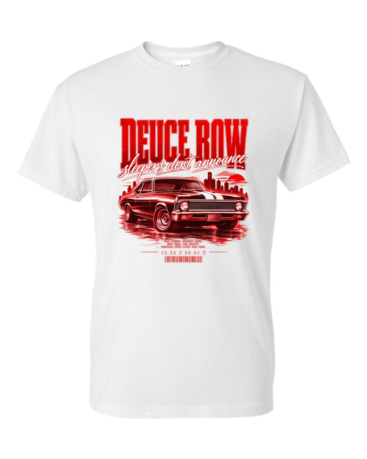 Street-poster print of a 1969 Chevrolet Nova SS with Deuce Row lettering white t-shirt front view with the design