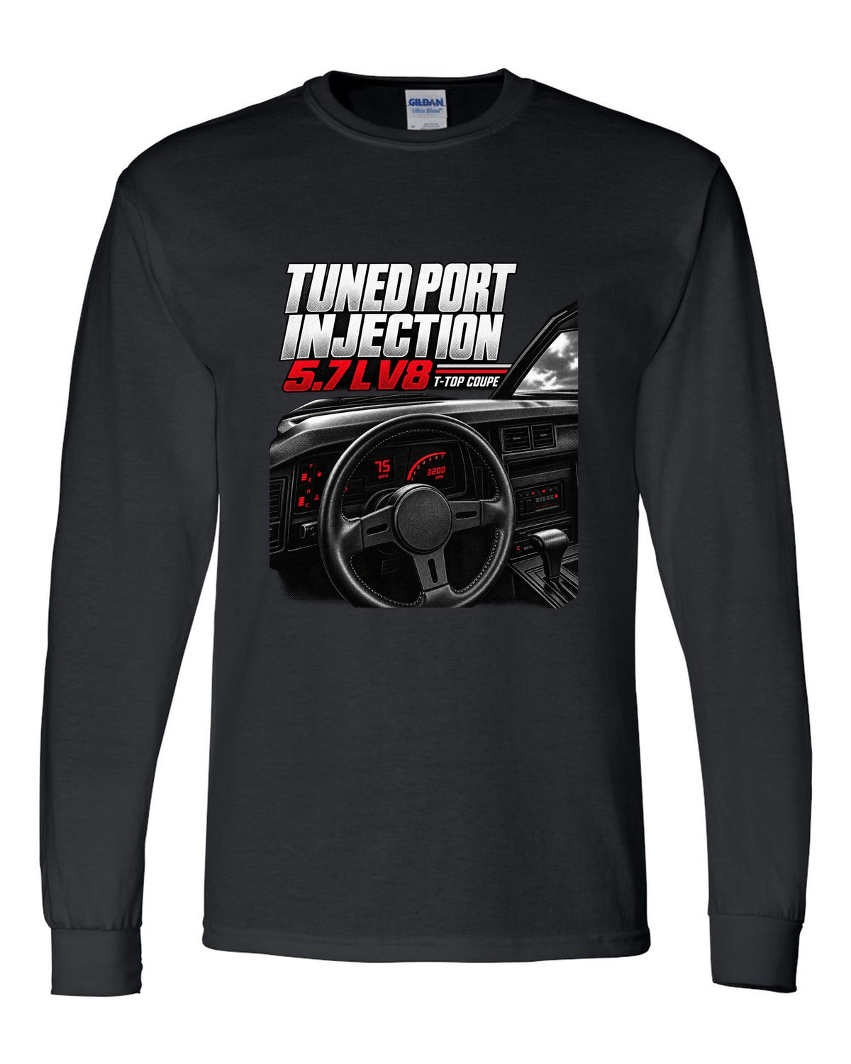Cockpit and gauge cluster print of a 1988 Chevrolet Camaro IROC-Z with 5.7 L V8 text black long sleeve front view with the design