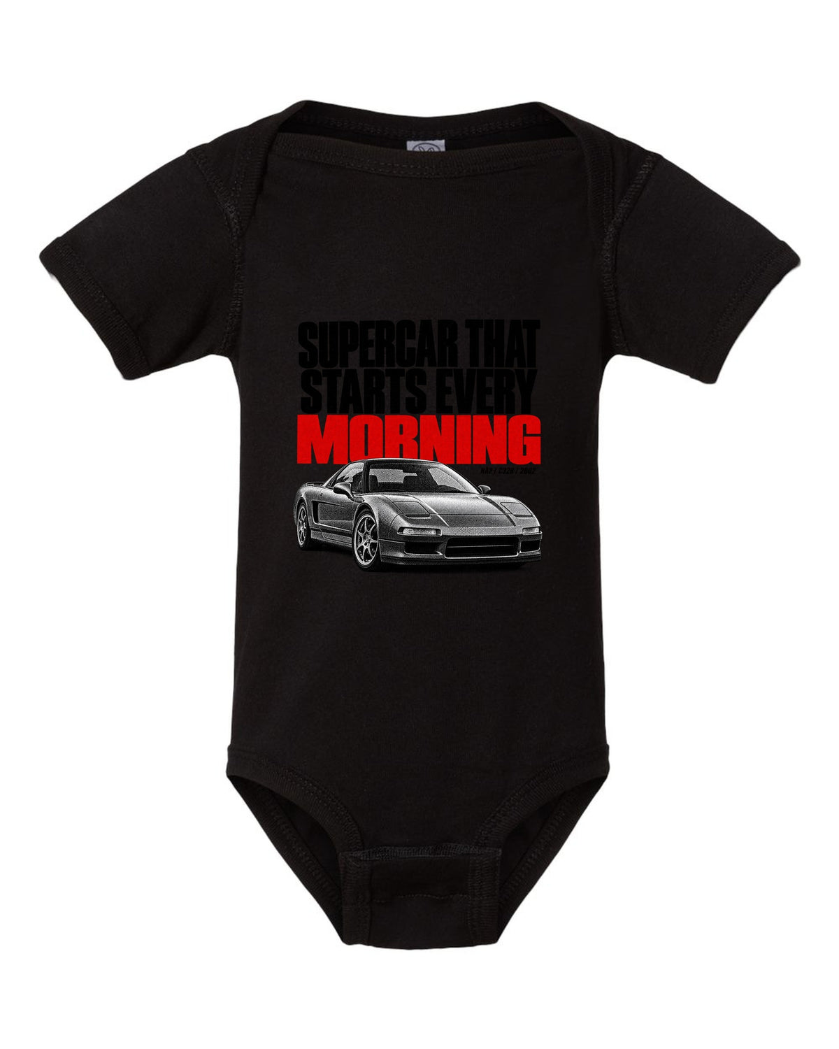 Honda NSX NA2 halftone statement design with supercar t starts every morning text black baby onesie front view with the design