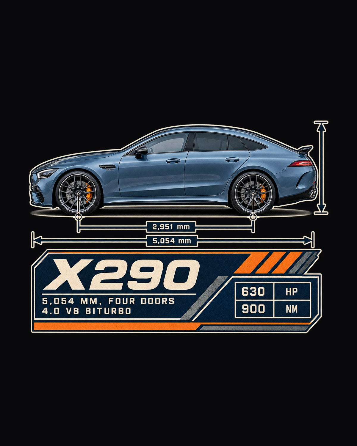 AMG GT 63 S 4-Door X290 Dimension Blueprint Tee, Steel Blue design only