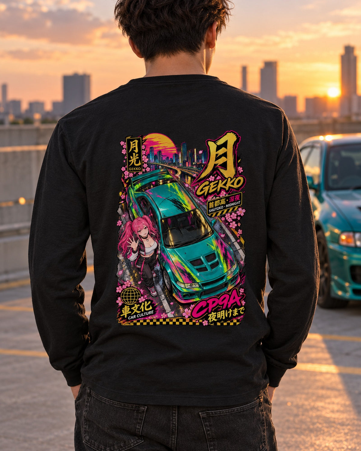 GEKKO CP9A Anime Girl Full-Back Graphic Tee Long Sleeve Black worn hero